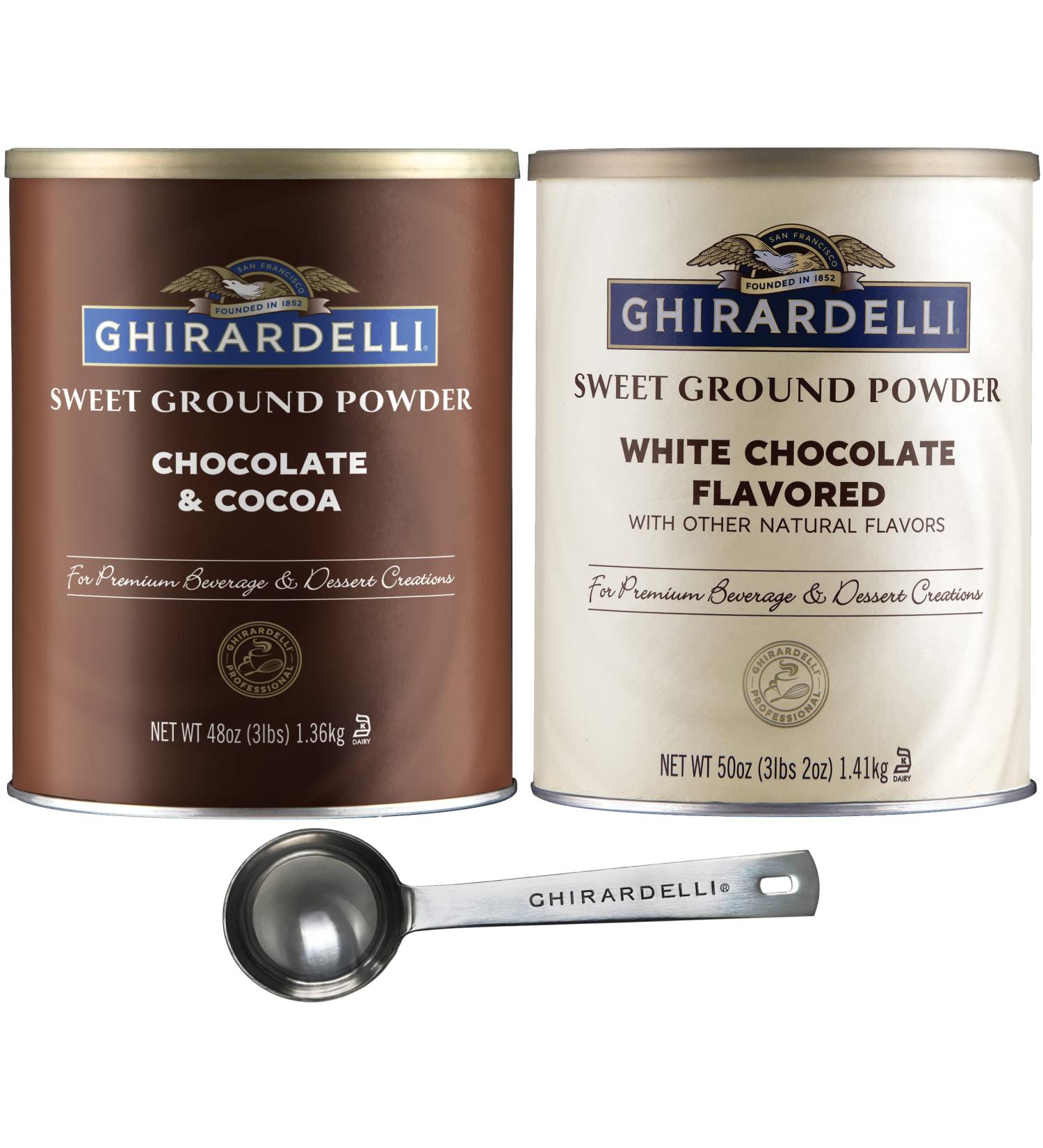 Ghirardelli Sweet Ground Chocolate & Cocoa 3 lbs + White Chocolate 3.12 lbs Bundle with Barista Spoon - Buy Online on GoSupps.com