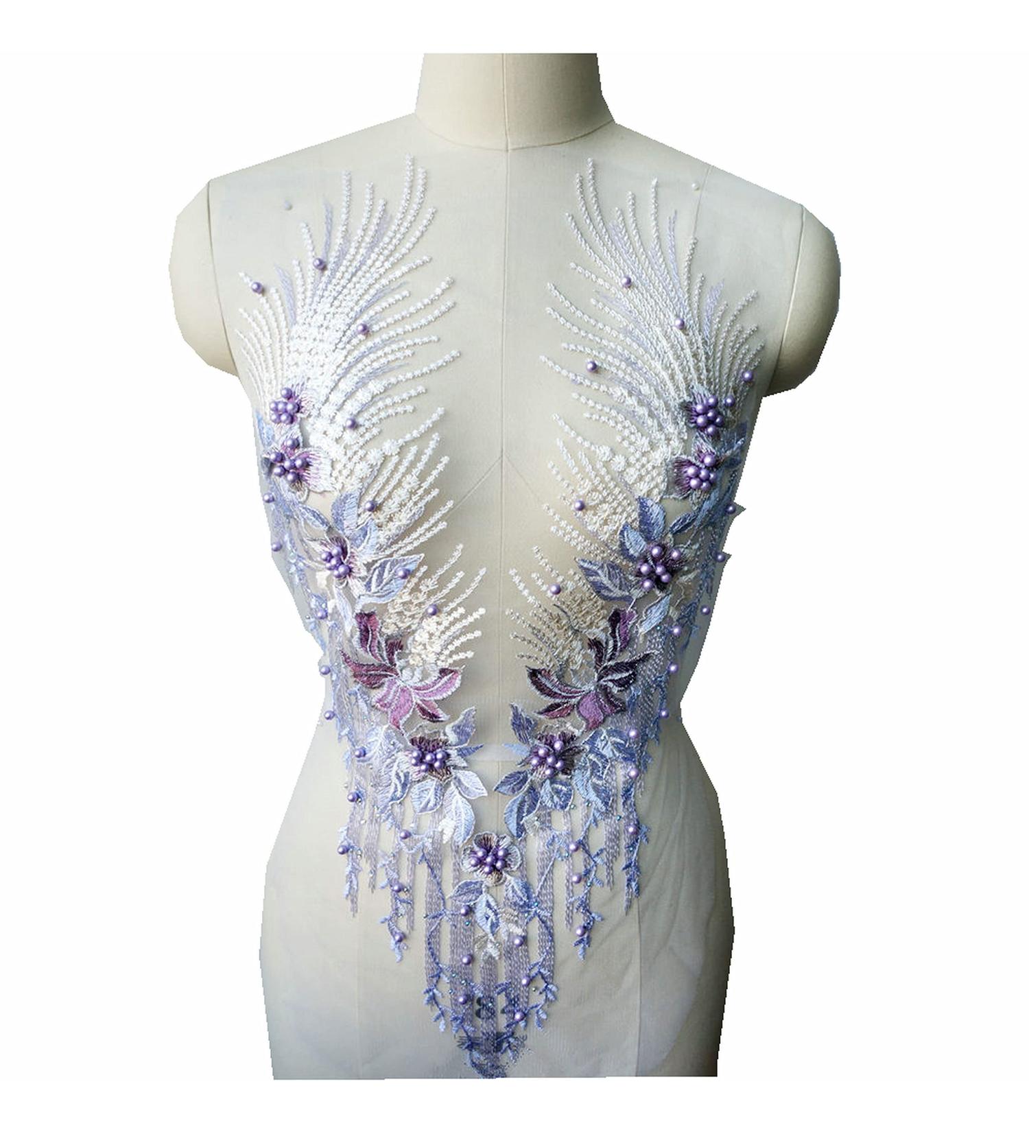 Phoenix Tail Flower Lace Fabric Gown Applique Set in Purple - DIY Wedding Dress Embroidered Patch - Buy Online on GoSupps.com