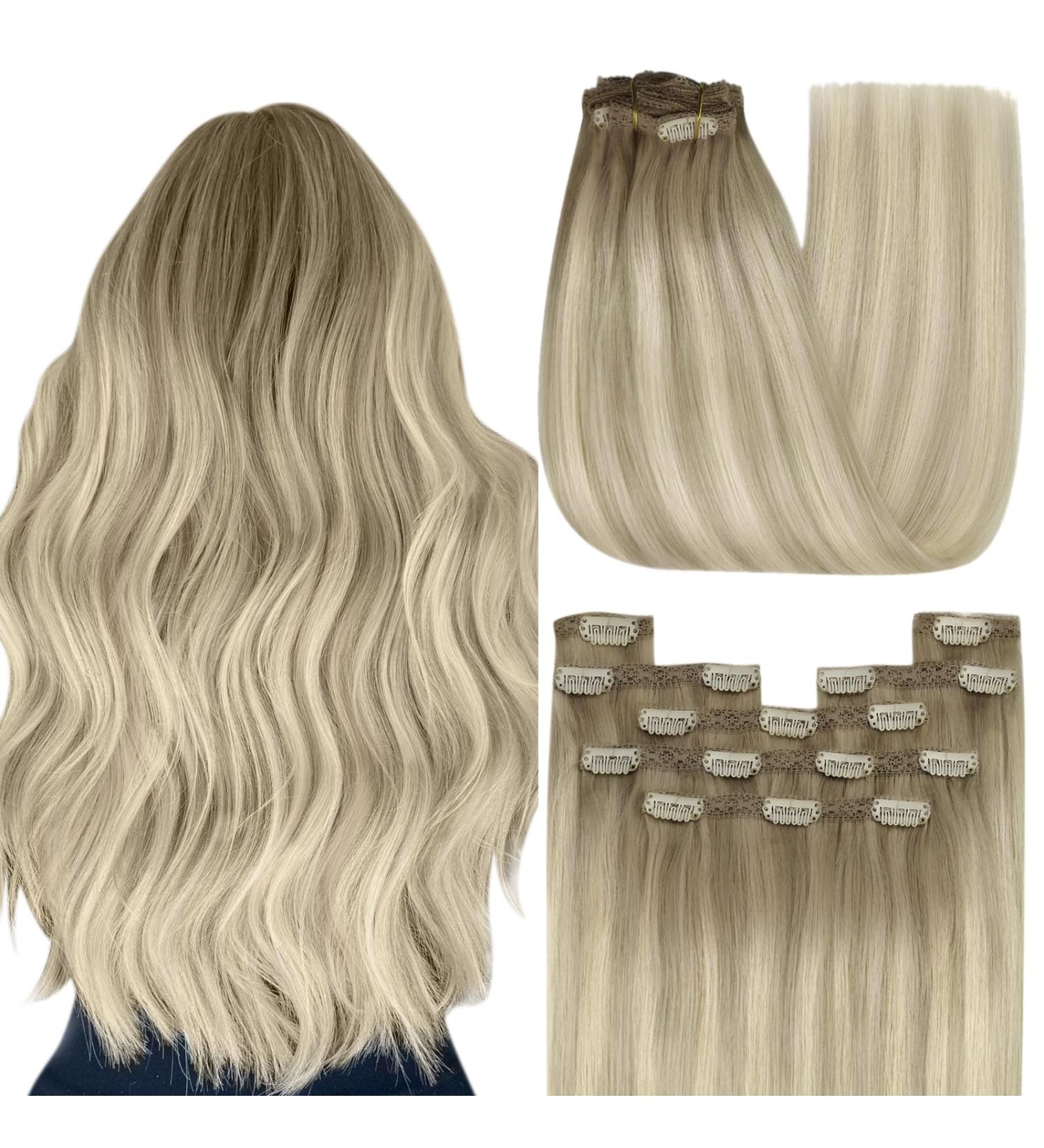 Youngsee 40cm Clip-In Ombre Hair Extensions | Real Remy Hair | Dark Ash Blond & Platinum Blonde | 120g 7PCs - Buy Online on GoSupps.com
