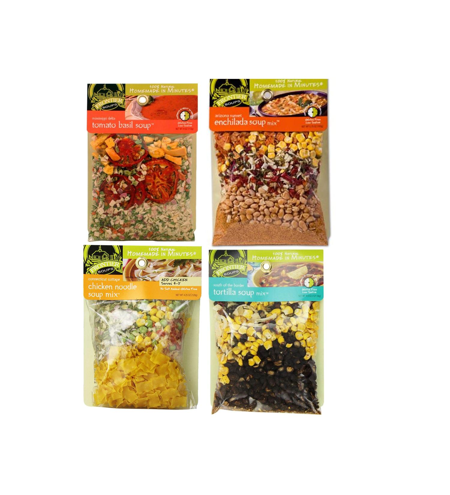 Frontier Soups Homemade in Minutes Variety Pack: (1) Arizona Enchilada  (1) Connecticut Cottage Chicken Noodle  (1) Mississippi Delta Tomato Basil  and (1) South of the Border Tortilla (4 Bags Total) - Buy Online on GoSupps.com