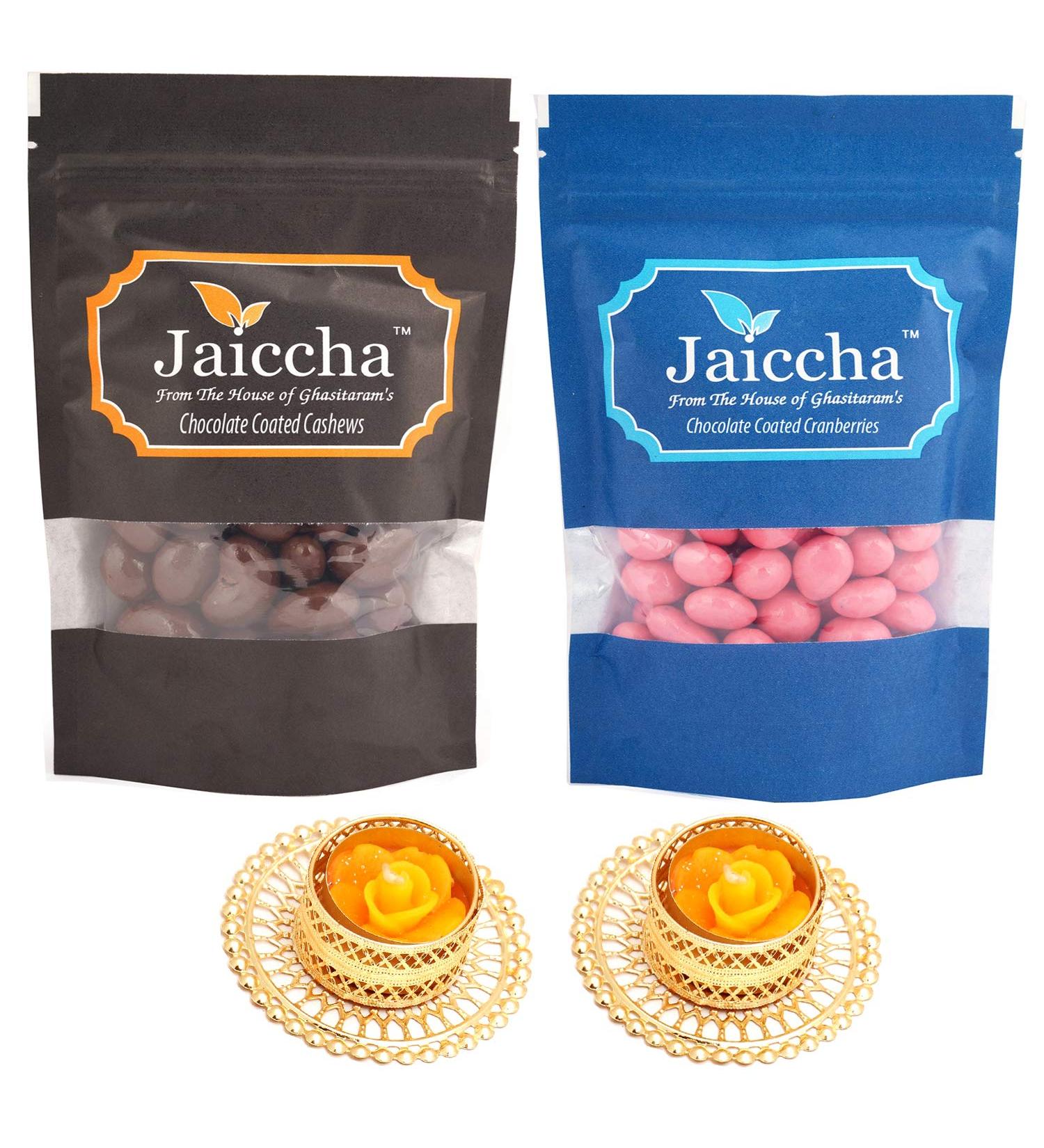 Jaiccha Ghasitaram Diwali Gifts Chocolate - Chocolate Coated Cashews 100 GMS and Cranberries 100 GMS with 2 T-Lites - Buy Online on GoSupps.com