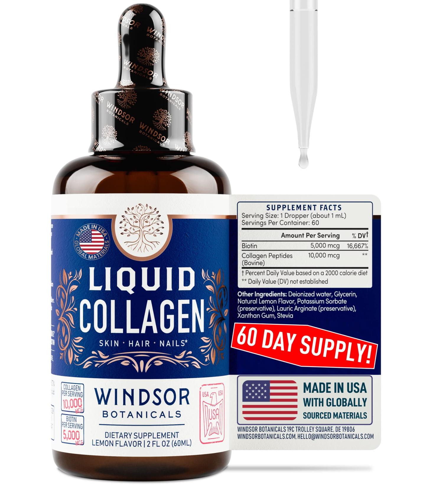 Windsor Botanicals Liquid Collagen Peptides Supplement - Hair Skin Nail Joints Support - 10,000mcg Collagen 5,000mcg Biotin - Lemon Flavor - 2oz - 2-Month Supply - Buy Online on GoSupps.com