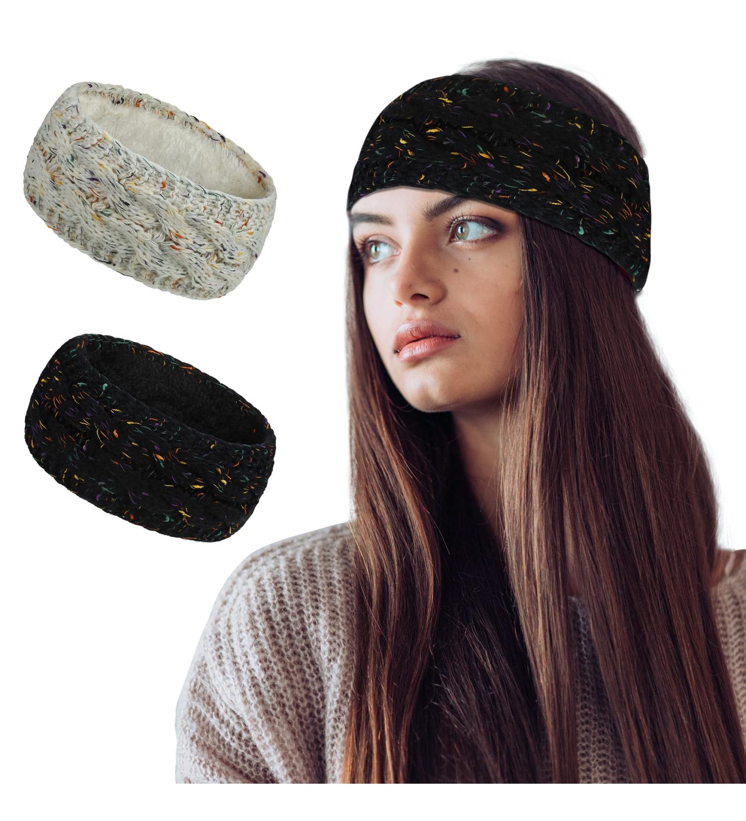 Styla Winter Knit Ear Muffs Headbands for Women - 2 Pack Cold Weather Ear Warmers - Confetti Black & Beige - Buy Online on GoSupps.com