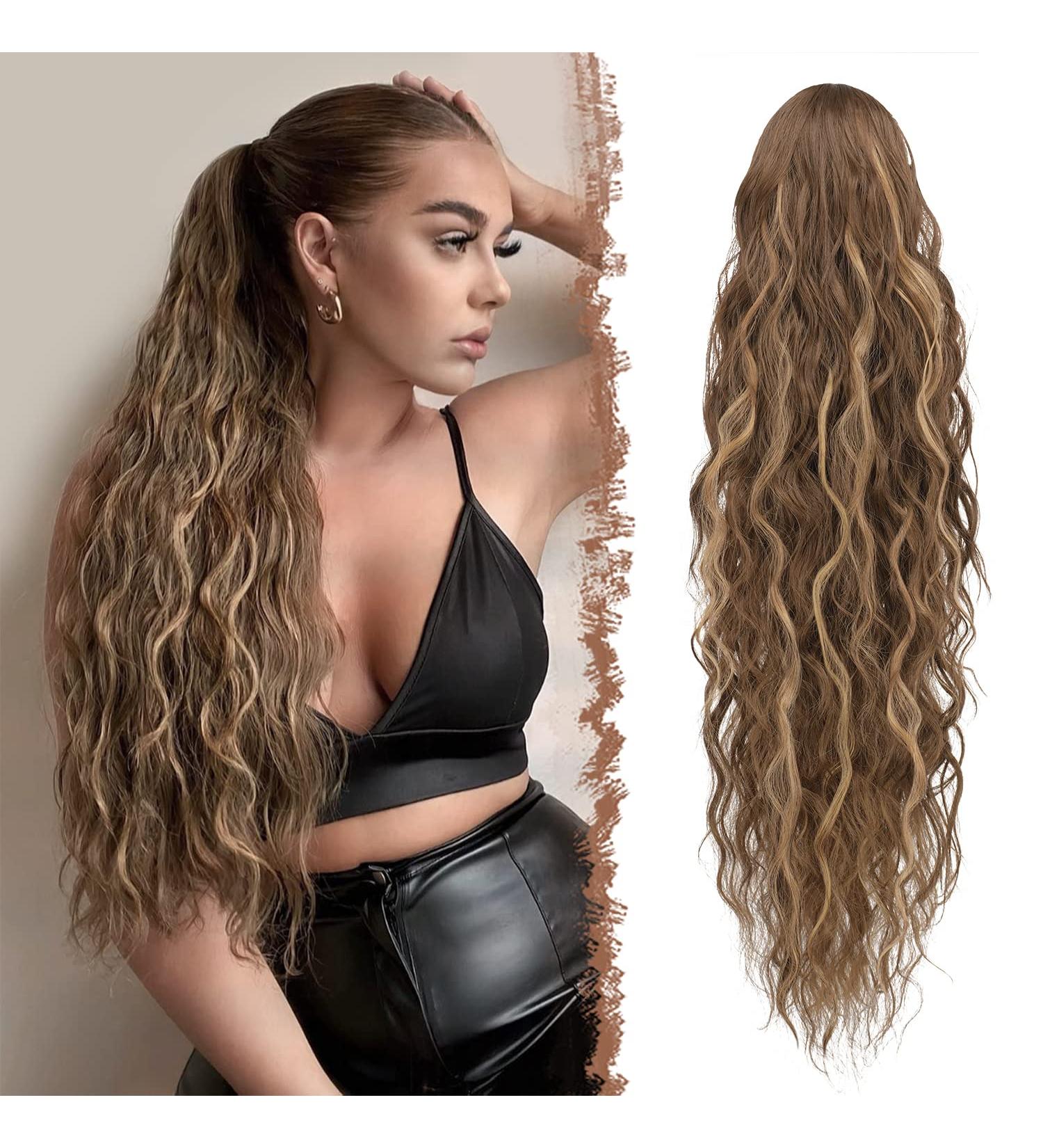 FESHFEN Long Curly Wavy Drawstring Ponytail Extension - 26 Inch Honey Blonde Mixed Light Brown - Buy Online on GoSupps.com