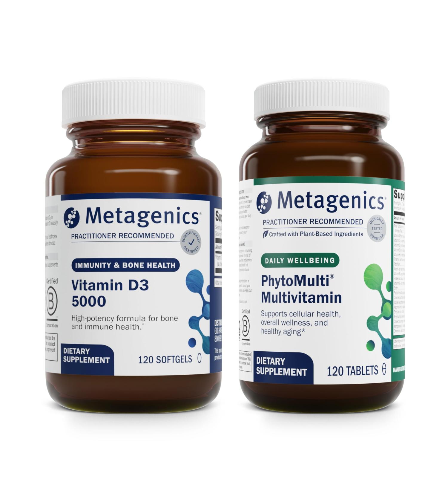 Metagenics Bundle - D3 5000 & PhytoMulti Without Iron - 120 Softgels of D3 5000 for Immune Support Bone Health & Heart Health - 120 Tablets of PhytoMulti Without Iron for Overall Health & Aging - Buy Online on GoSupps.com