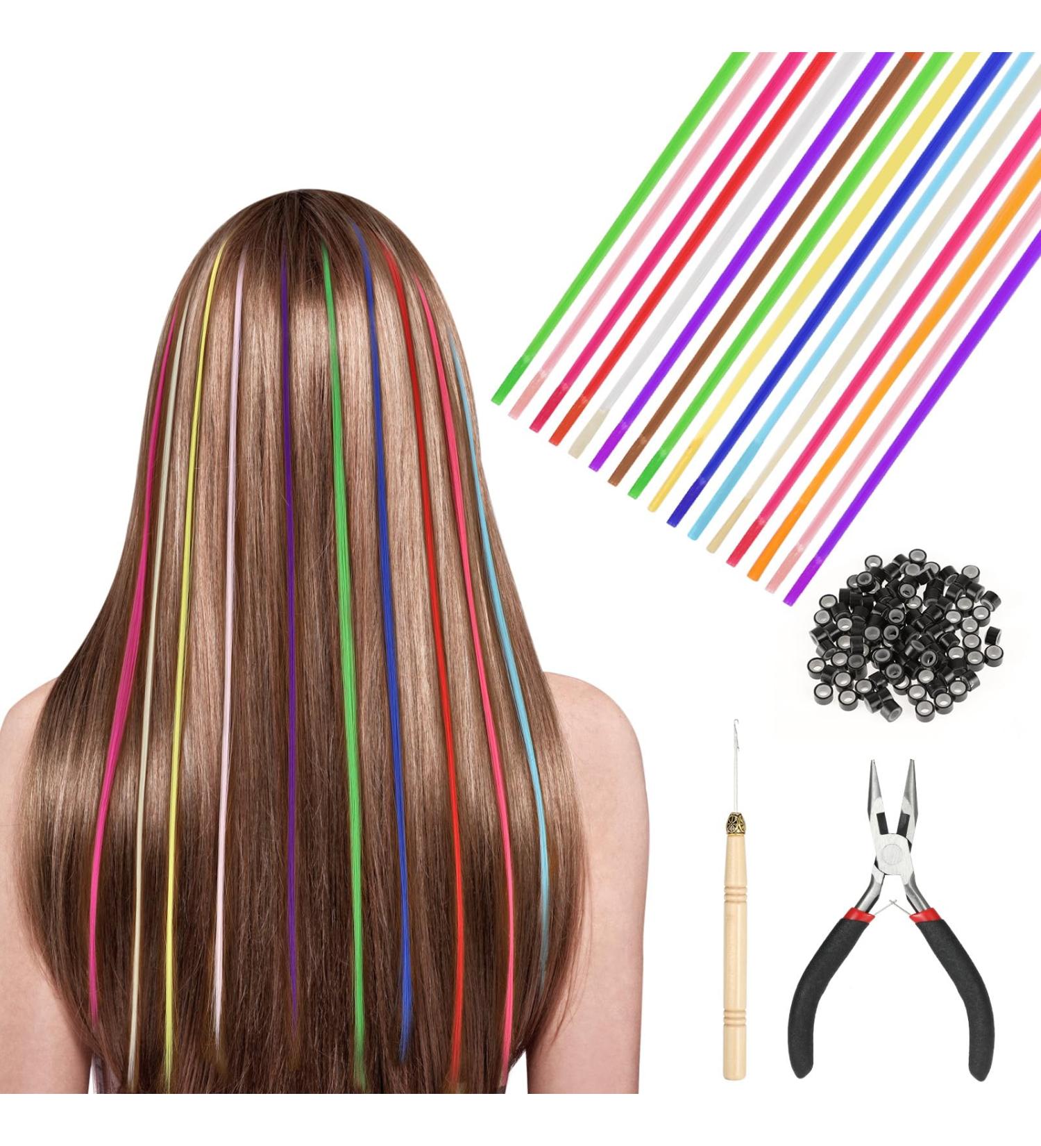 HIFOT 50 Pieces Coloured Hair Extension Synthetic Hair pieces for women Hairpieces hair braiding kit crochet hook hair extensions Pliers with 100 Beads for Girls Women - Buy Online on GoSupps.com