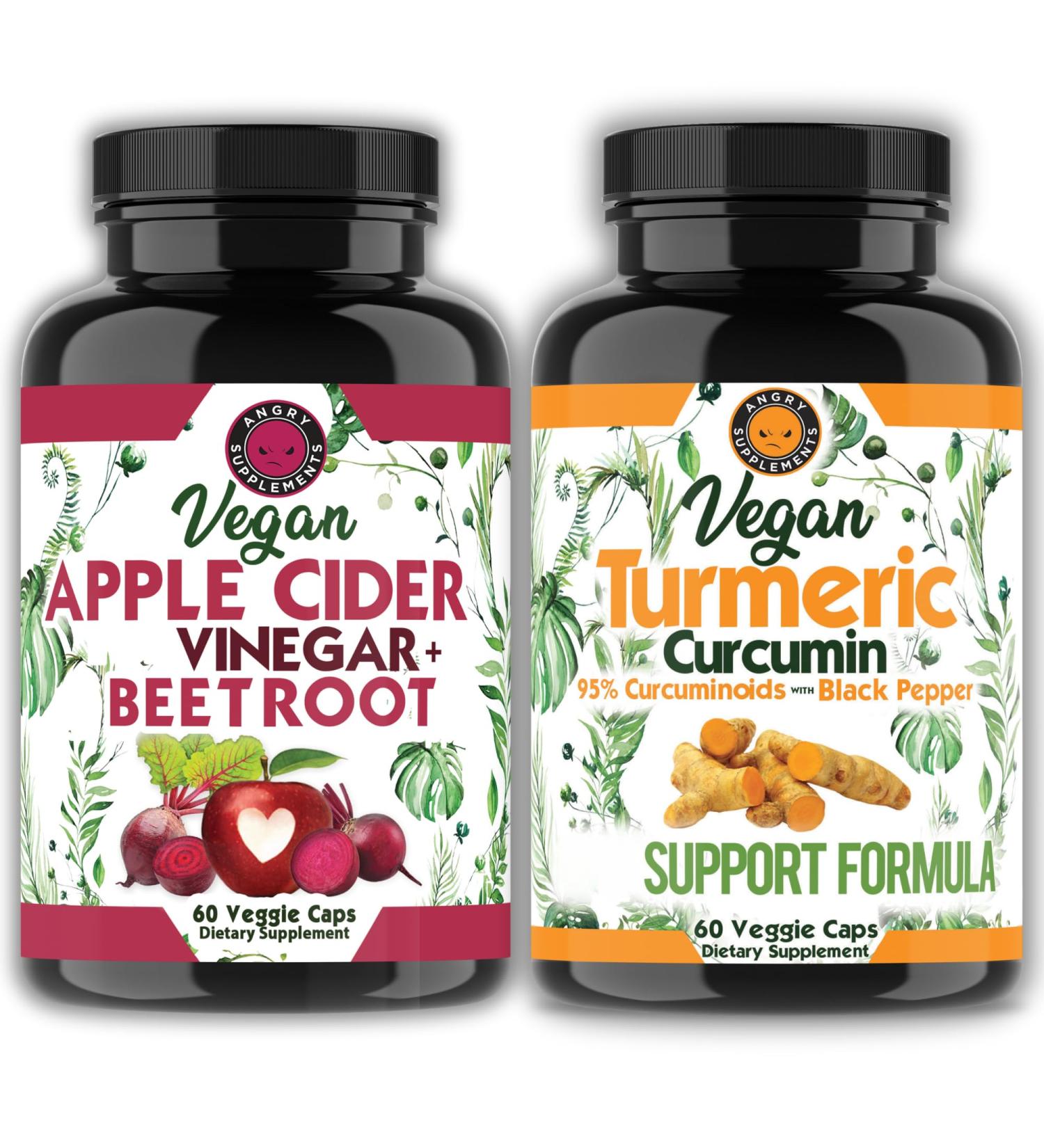 Angry Supplements Vegan Apple Cider Vinegar + Beet Root 60ct & Vegetarian Turmeric Curcumin 60ct- Plant Based Veggie Capsules for Men + Women (2pk-120ct) 120 Count (Pack of 1) - Buy Online on GoSupps.com