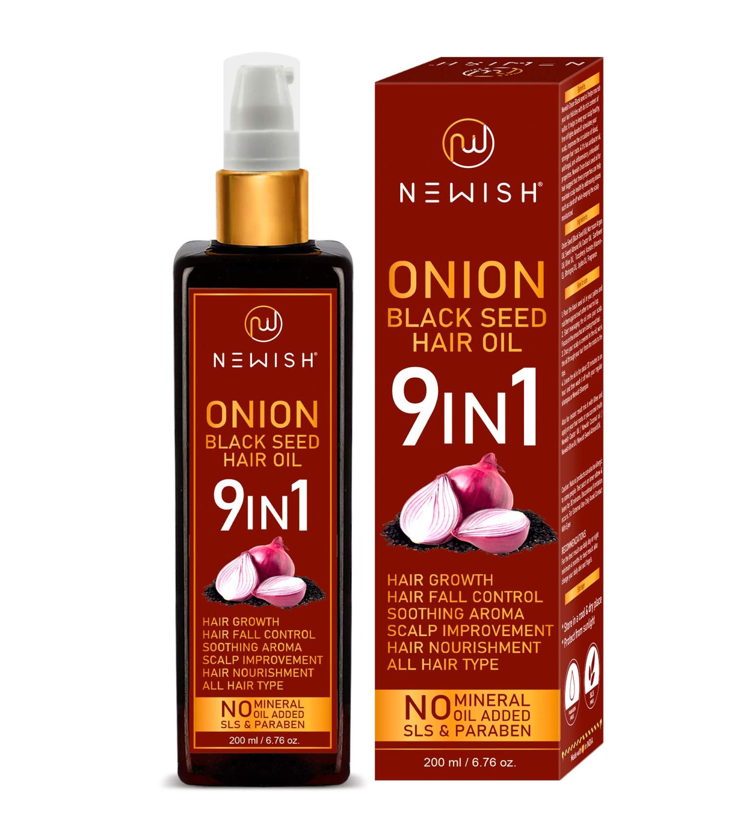 Newish Black Seed Onion Oil for Hair Regrowth with Castor, Almond, Sunflower, Methi & Jojoba Oils - 200 ml | Promotes Hair Growth & Shine - Buy Online on GoSupps.com