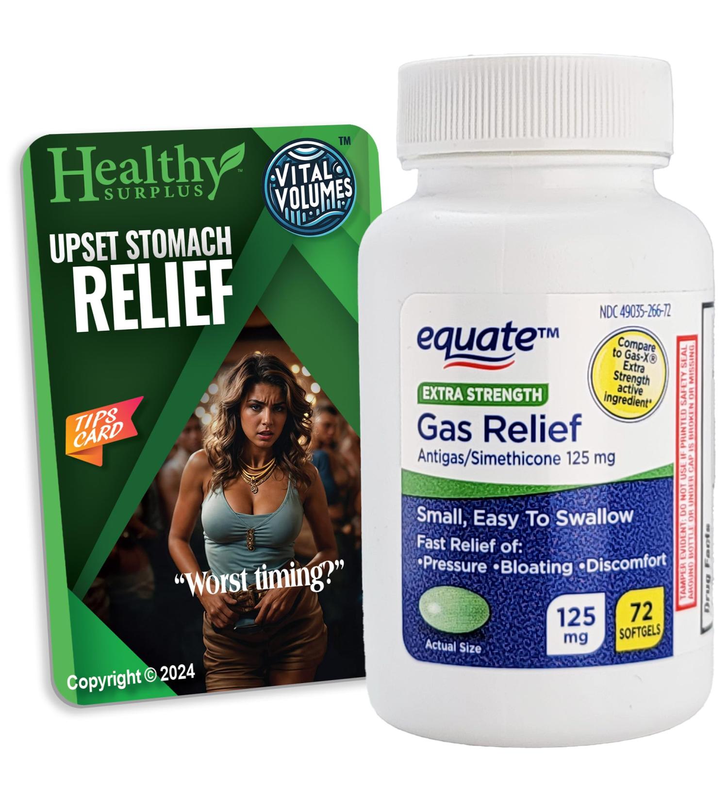 Equate Gas Relief Extra Strength 125 mg - 72 Softgels & Vital Volumes Upset Stomach Tips Card Bundle | International Shipping Available - Buy Online on GoSupps.com