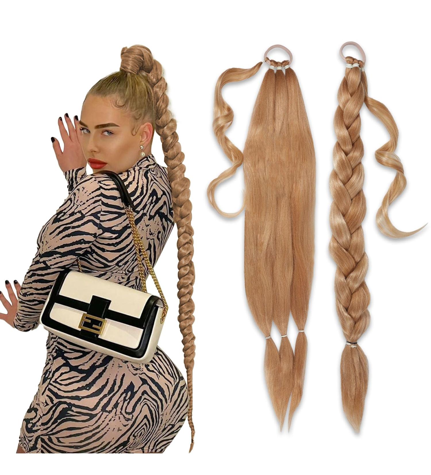 NICENEEDED Artificial Long Braided Ponytail Extension Synthetic Fluffy Natural Soft Pony Tail Piece Gold Braiding Wrap Around Hair Extensions for Women and Girls - Buy Online on GoSupps.com