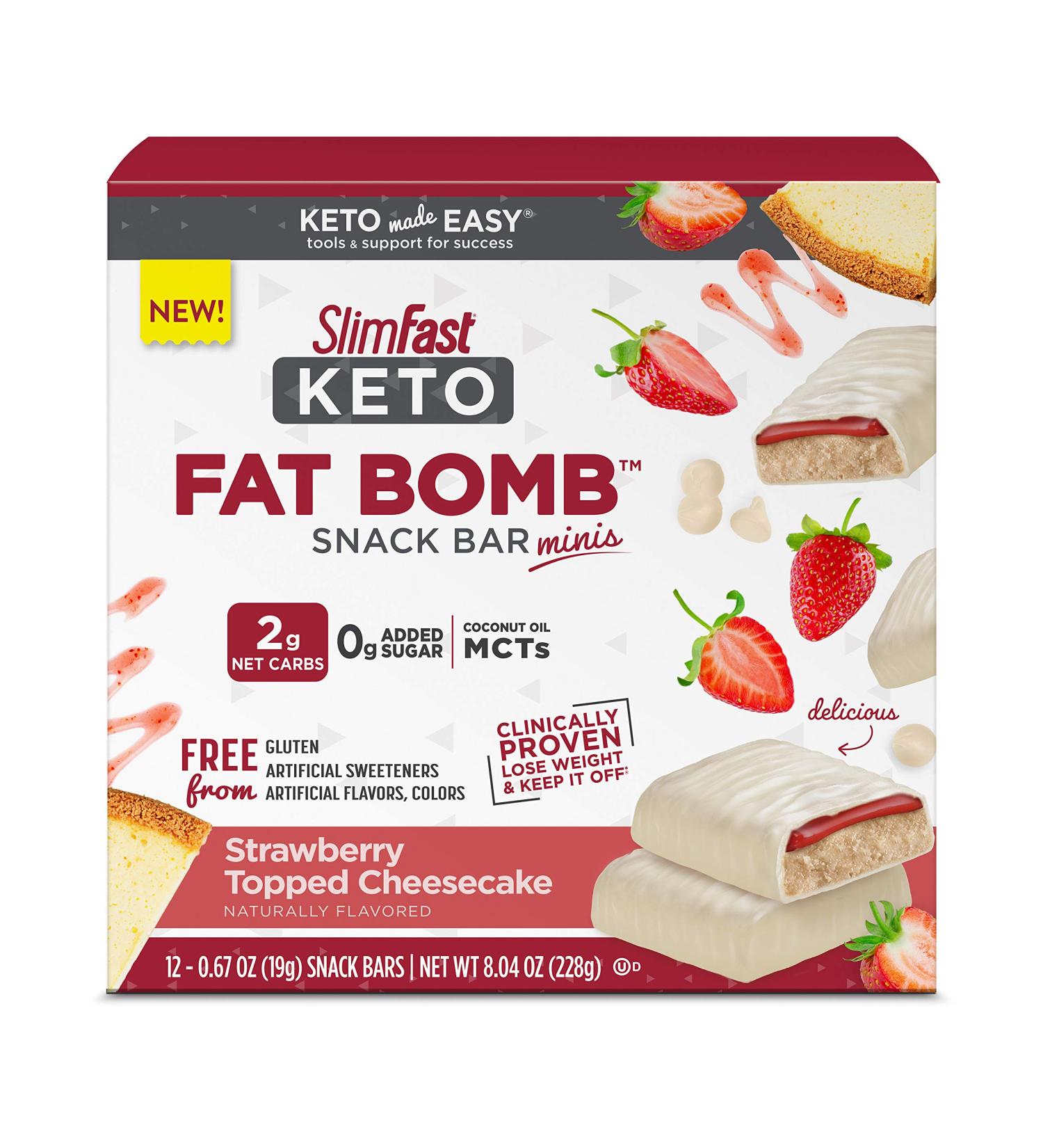 SlimFast Keto Fat Bomb Snack Bar Minis - Strawberry Cheesecake Flavor | 12ct Box | Low Carb Keto Snacks for Weight Loss | 0g Added Sugar - Buy Online on GoSupps.com