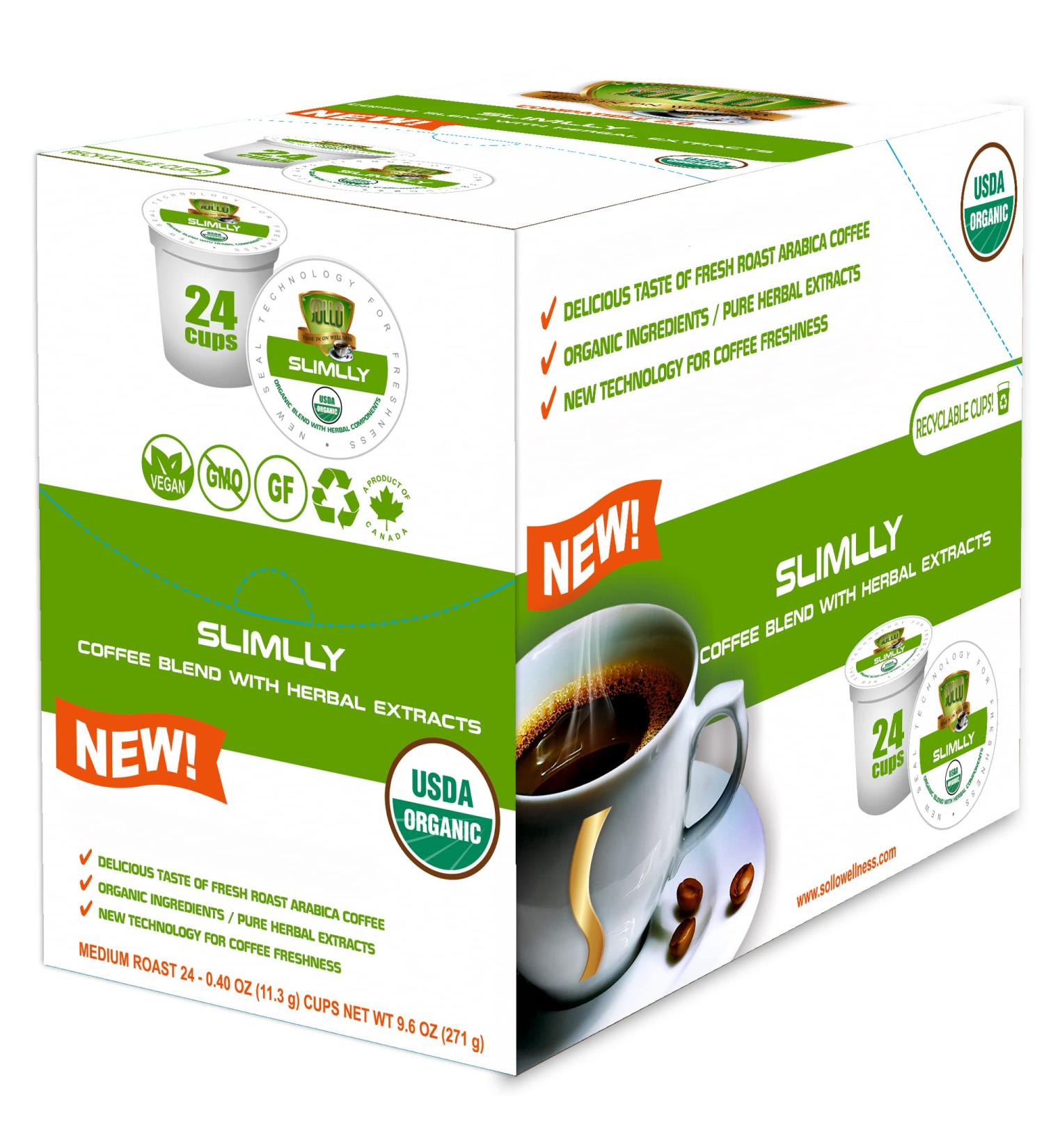 SOLLO Infused Organic Medium Roast Slimlly Low Acid Coffee Single Serve Pods Compatible With 2.0 K-Cup Keurig Brewers 24 K-cup - Buy Online on GoSupps.com