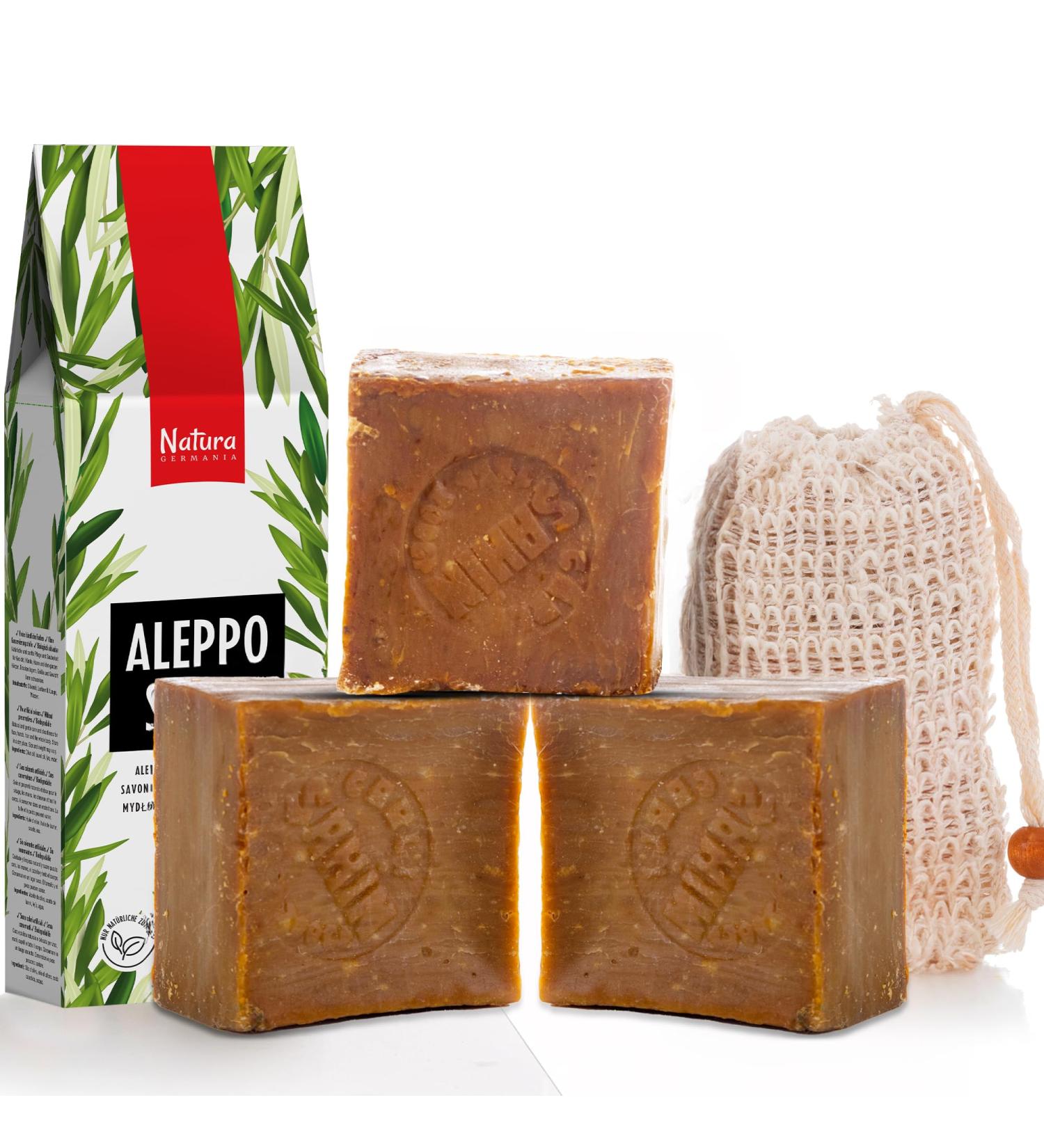 Natura Germania Savon d'Alep 3x env. 200 g (600 g) 100% huile d'olive + pochette en sisal | Savon pour cheveux savon naturel savon de douche | Fait main et vegan - Buy Online on GoSupps.com