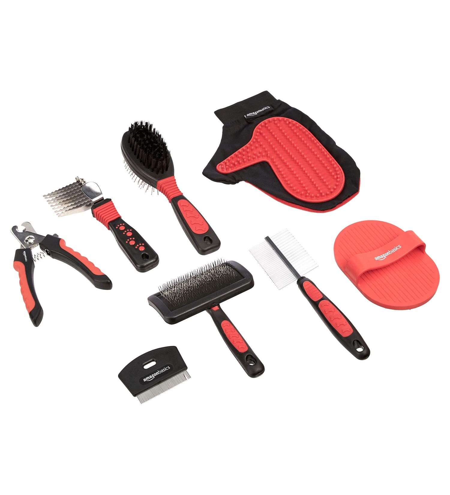 Amazon Basics 8-Piece Pet Grooming Set - Red | Complete 8-in-1 Pet Brush & Grooming Kit - Buy Online on GoSupps.com