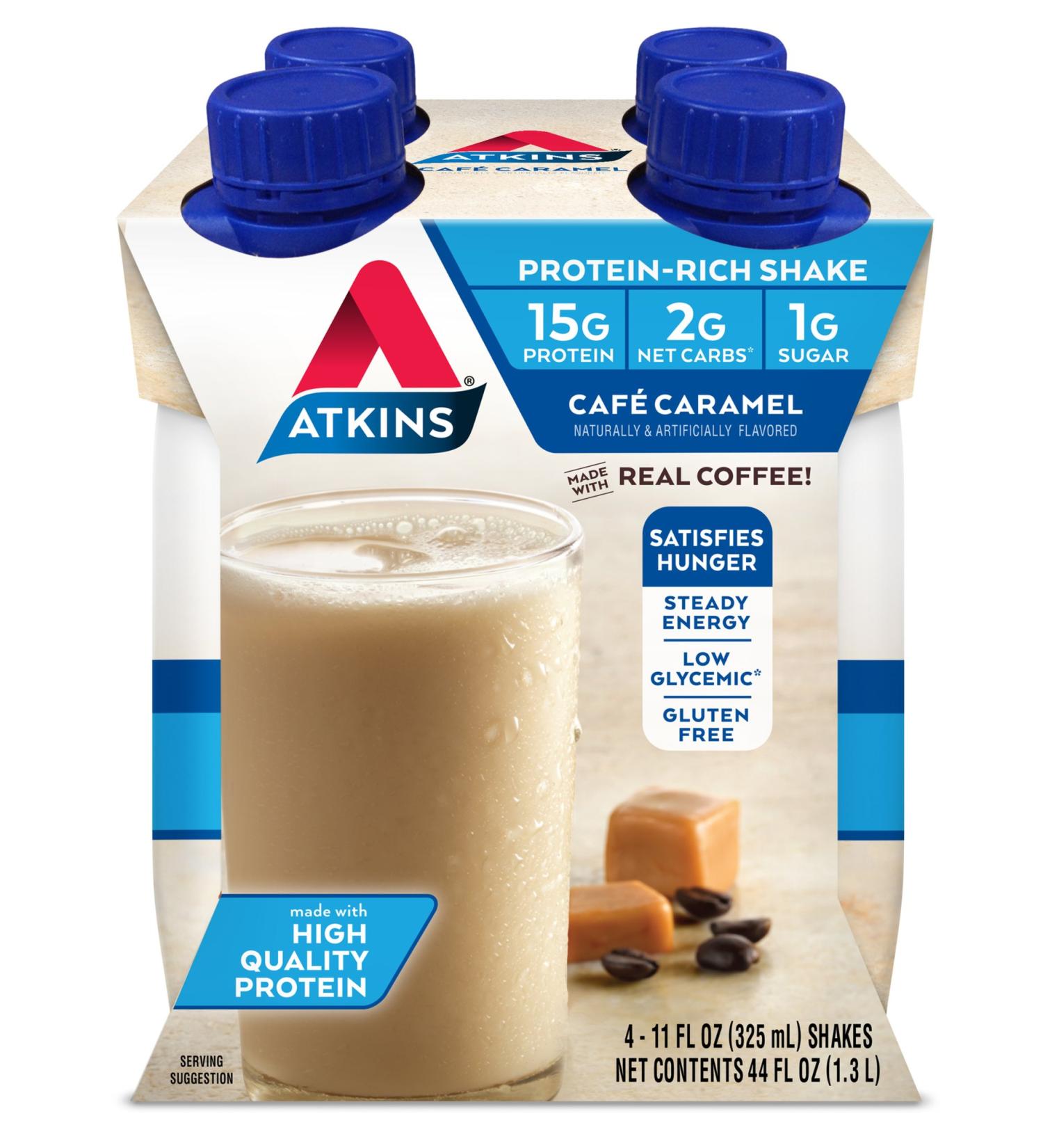 Atkins Gluten Free Protein-Rich Shake, Café Caramel, 4 Count Caramel 11 Fl Oz (Pack of 4)