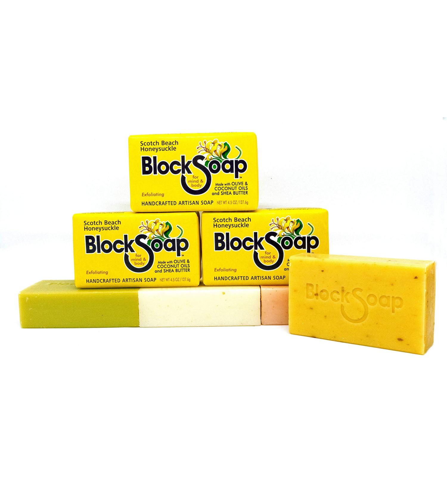 BLOCKSOAP FOR MIND & BODY Honeysuckle Artisan Bar Soap 3-Pack with Sea Salt Olive Oil Coconut Oil and Shea Butter (4.5oz) Honeysuckle 3 Pack