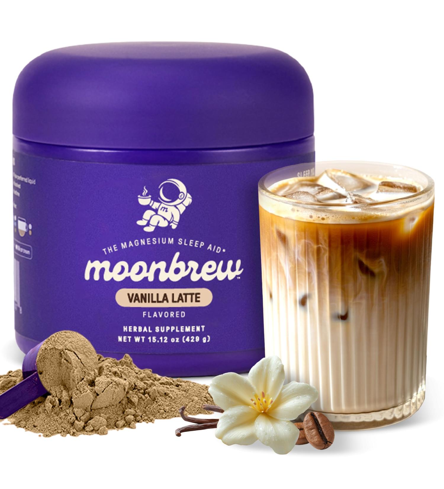 MoonBrew Nighttime Magnesium Vanilla Latte Mix Natural Sleep Aid Drink Mix for Adults - Calming Melatonin-Free Sleep Support Powder with Magnesium Glycinate L-Theanine Chamomile & Zinc - Buy Online on GoSupps.com