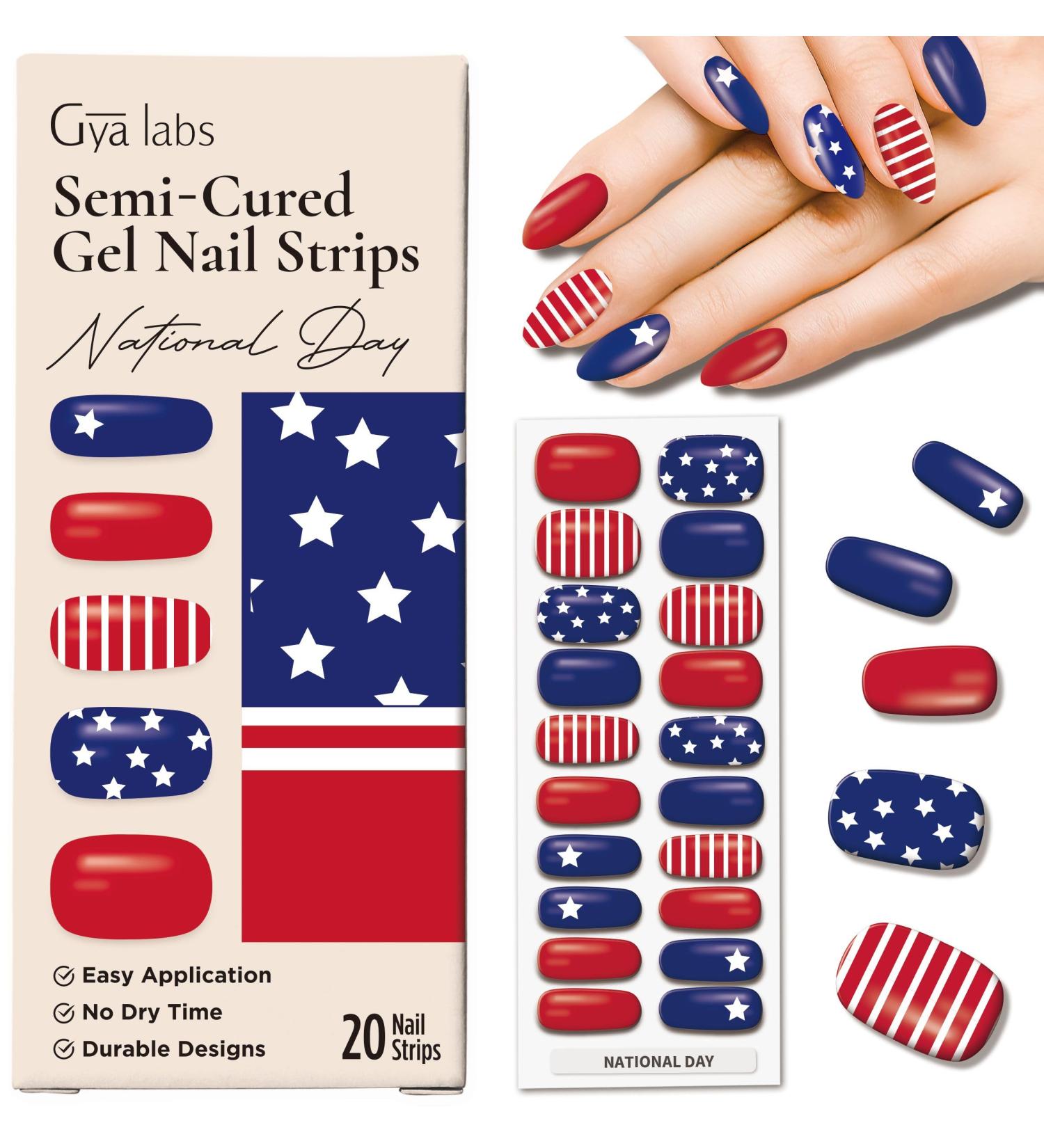 Gya Labs Festive American Flag Nail Stickers - 20 Pcs Semi Cured Gel Nail Strips for Women - Long Lasting Stick on Nails - National Day Nail Art Kit - Buy Online on GoSupps.com
