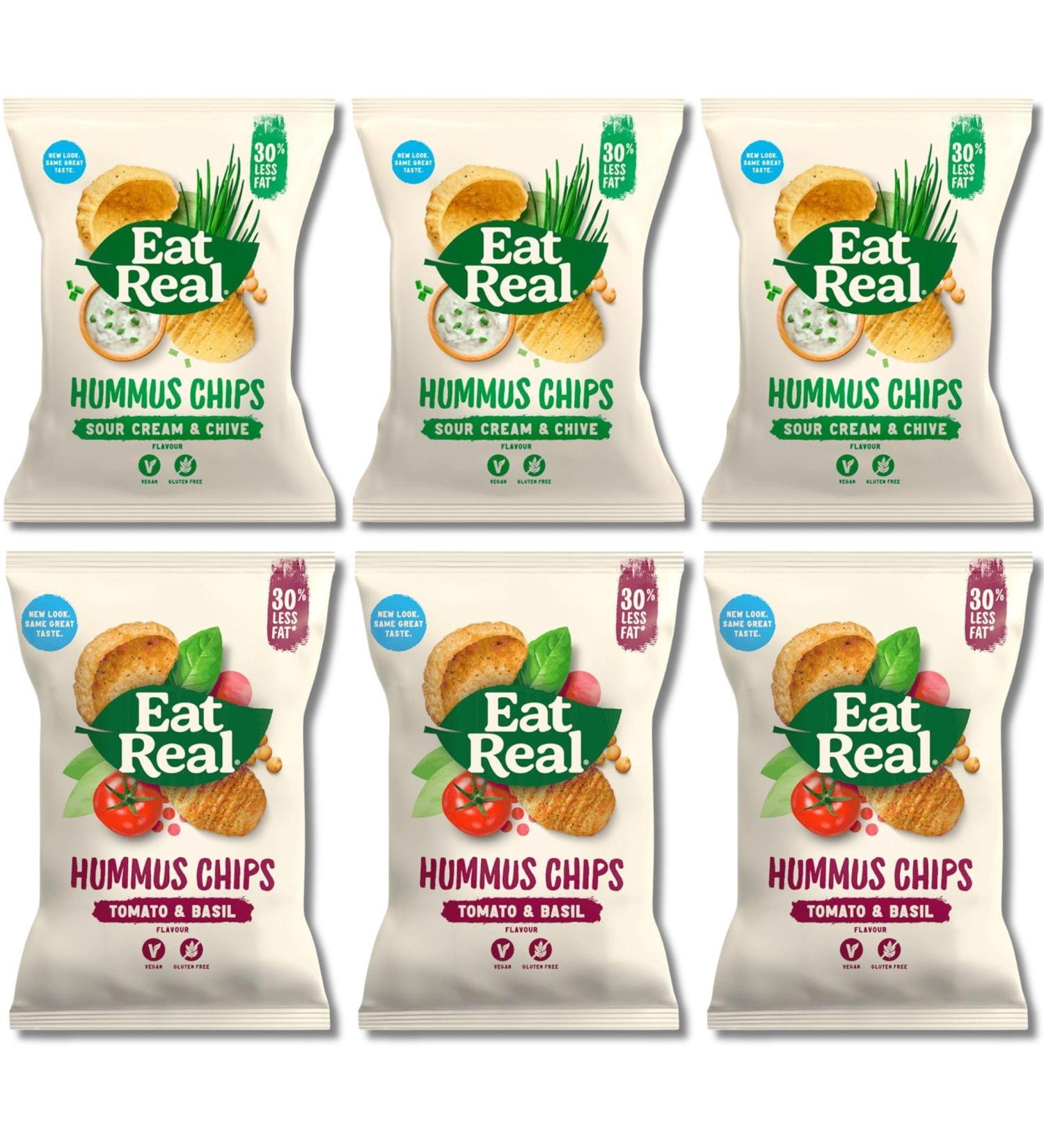 Eat Real Crisps Multipack - Hummus Chips Sour Cream & Chives and Tomato & Basil (3x25g Single Bag each) Bundled By The Great British Kitchen | Healthy Snacks for Adults - Buy Online on GoSupps.com