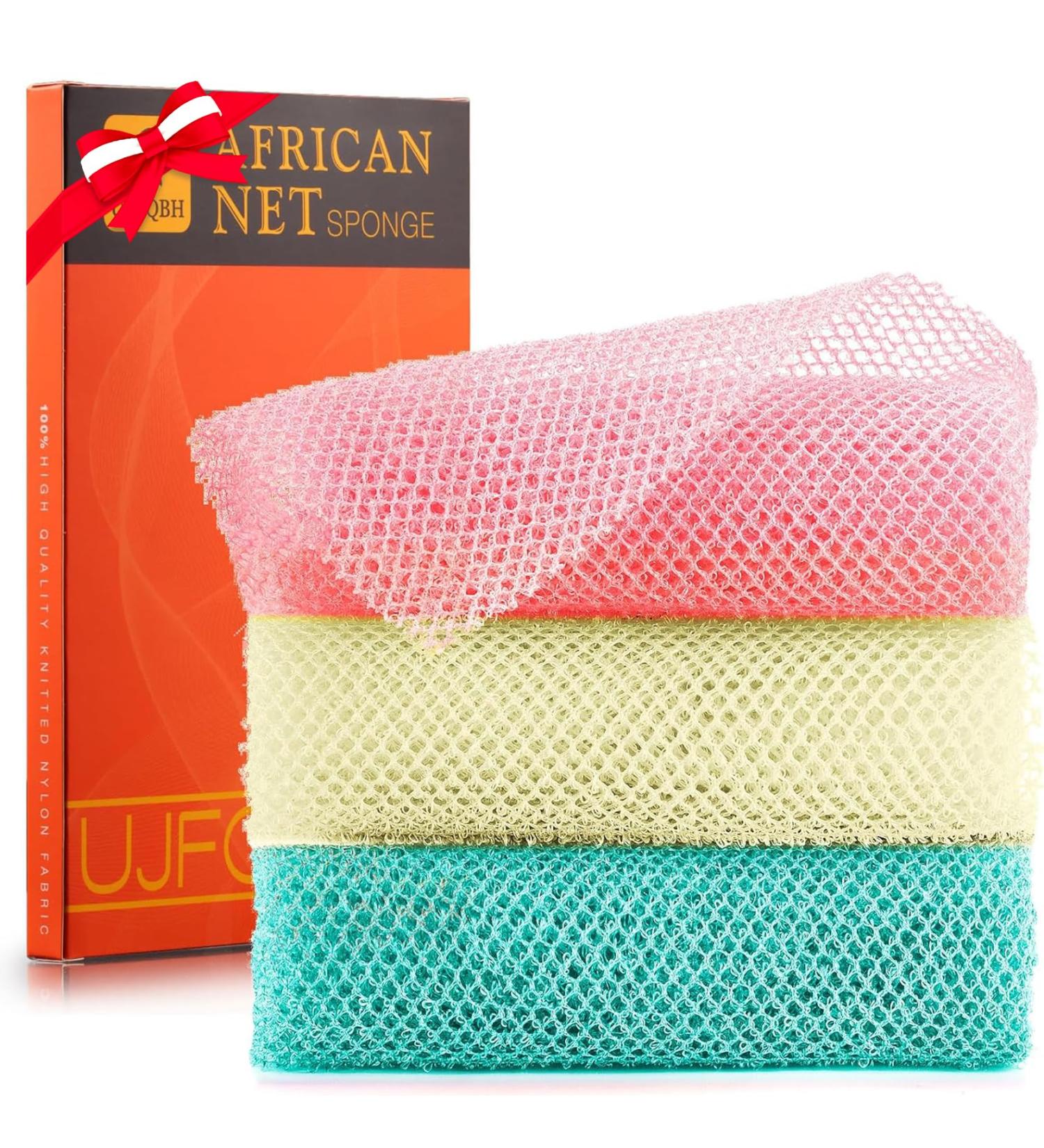 3 Pieces African Net Sponge - Exfoliating Long Bath Scrubber & Body Smoother (Pink Green Off-White) - Ideal for Clean Glowing Skin - Buy Online on GoSupps.com