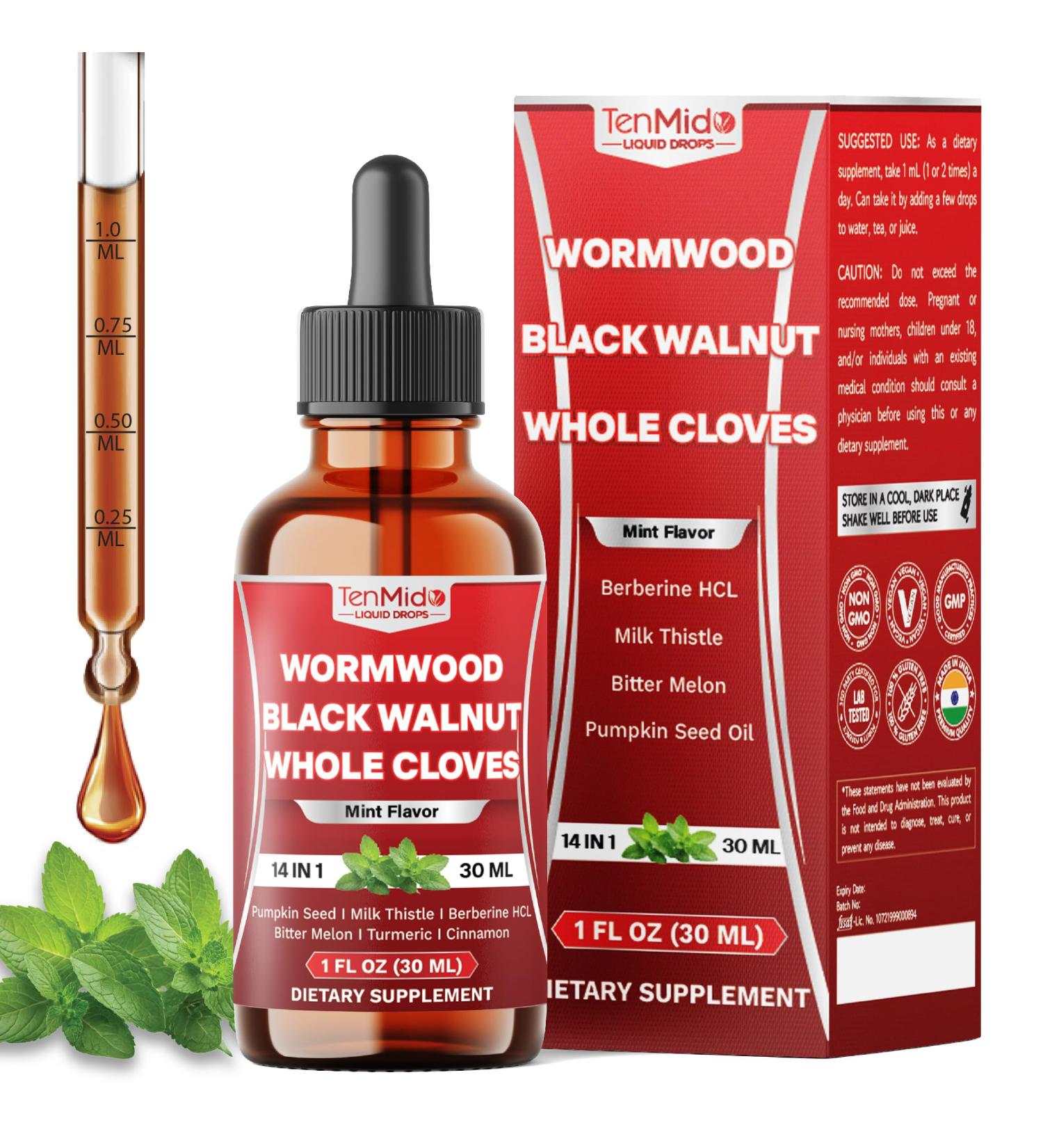 14in1 Wormwood Tincture - Wormwood Black Walnut Clove Extract with Pumpkin Seed Oil Milk Thistle Berberine HCl Bitter Melon Turmeric Curcumin Ceylon Cinnamon & More - 30 Days Supply - 1 FL Oz - Buy Online on GoSupps.com
