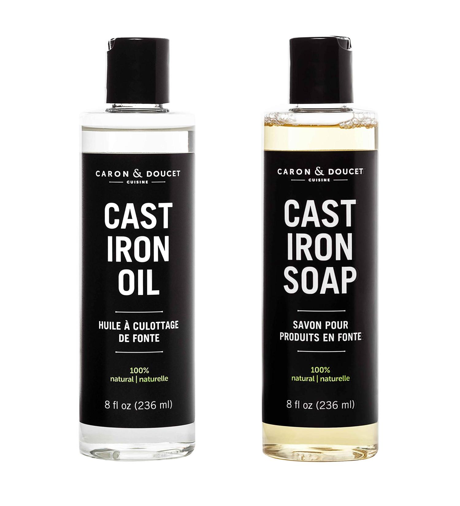 CARON & DOUCET Cast Iron Cleaning & Conditioning Set - Seasoning Oil & Cleaning Soap (8 oz each) | 100% Plant-Based for Washing, Restoring & Seasoning Skillets, Pans, & Grills - Buy Online on GoSupps.com