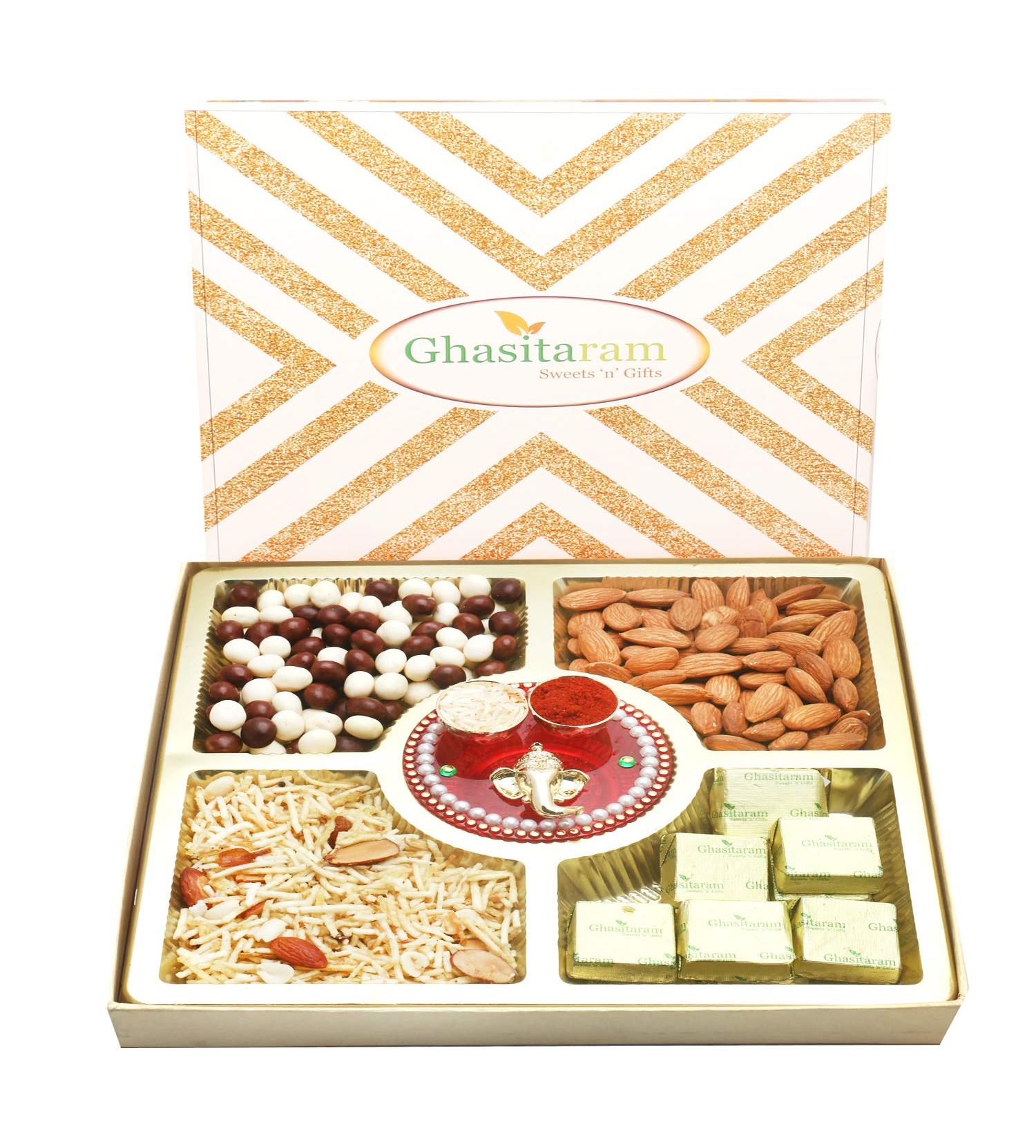 Ghasitaram Gifts Bhaidooj Special Almonds Namkeen Nutties and Chocolate Box with Mini Pooja Thali - Buy Online on GoSupps.com