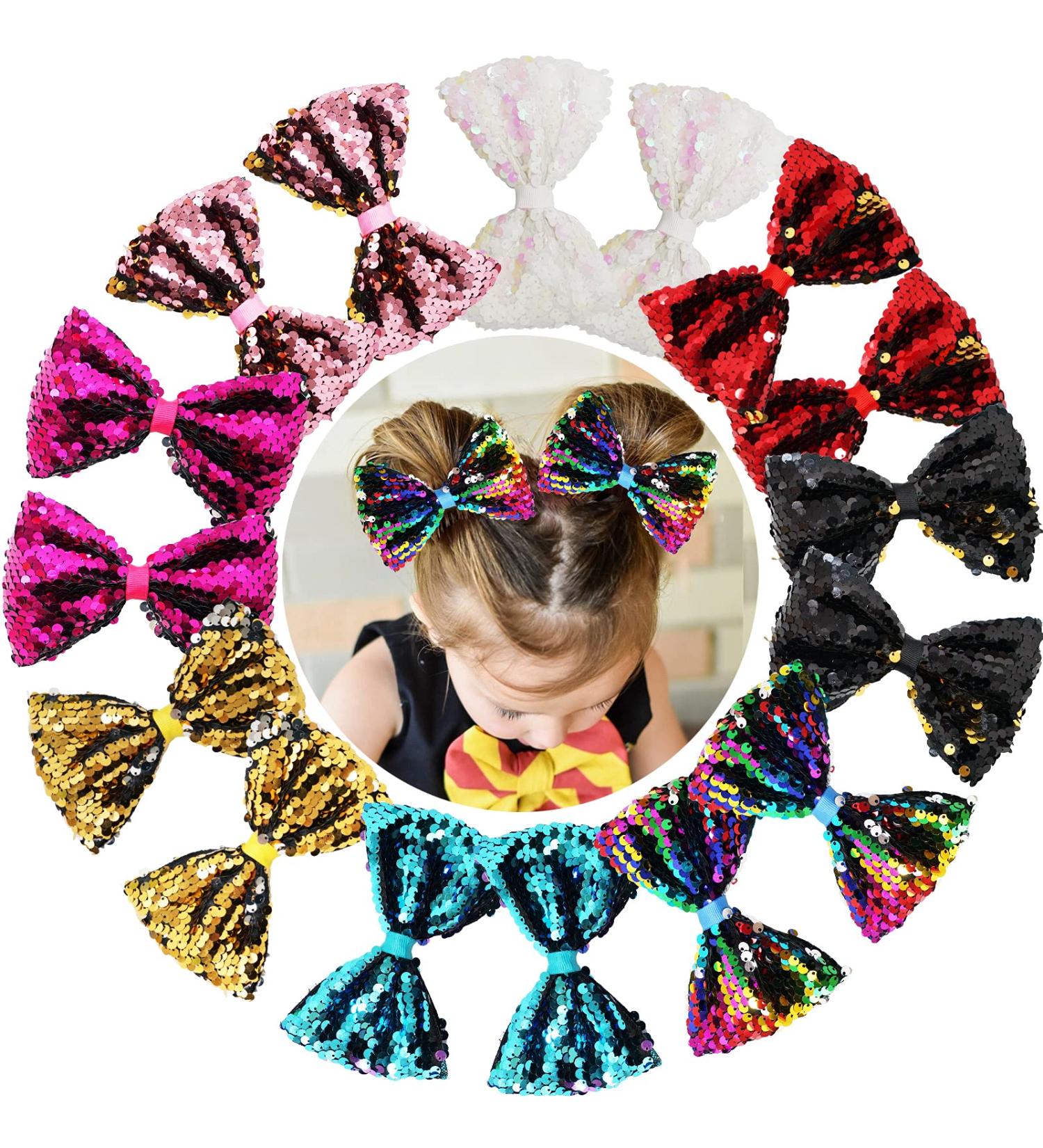 16PCS 5 Reversible Sequin Pigtail Hair Bows with Alligator Clips for Girls - Sparkly Glitter Bows for Kids - Buy Online on GoSupps.com