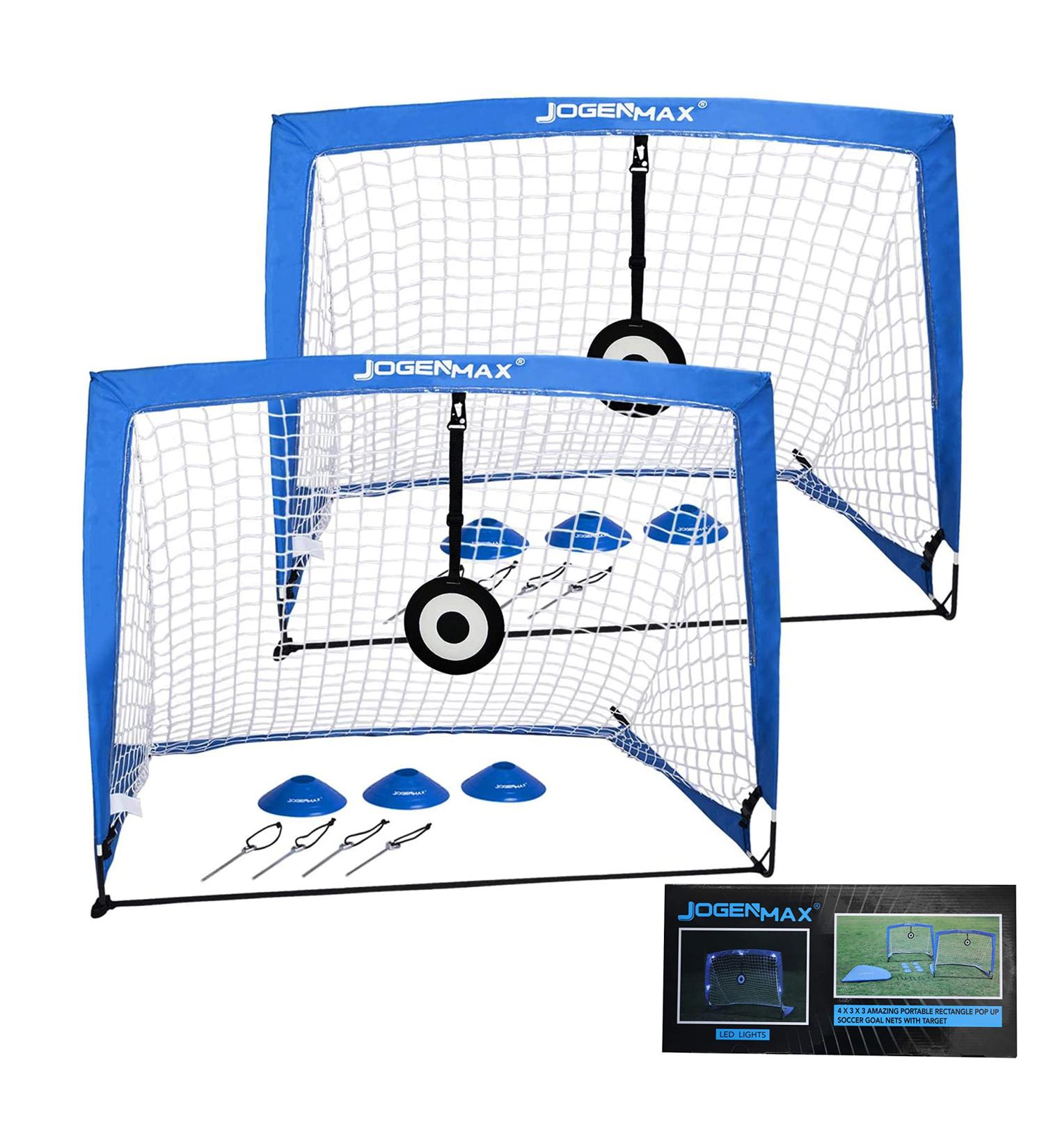 JOGENMAX Portable Soccer Goal Set of 2 with Aim Target, Cones, LED Lights & Carry Case - Ideal Gift for Kids, Teens & Adults | Blue - Buy Online on GoSupps.com
