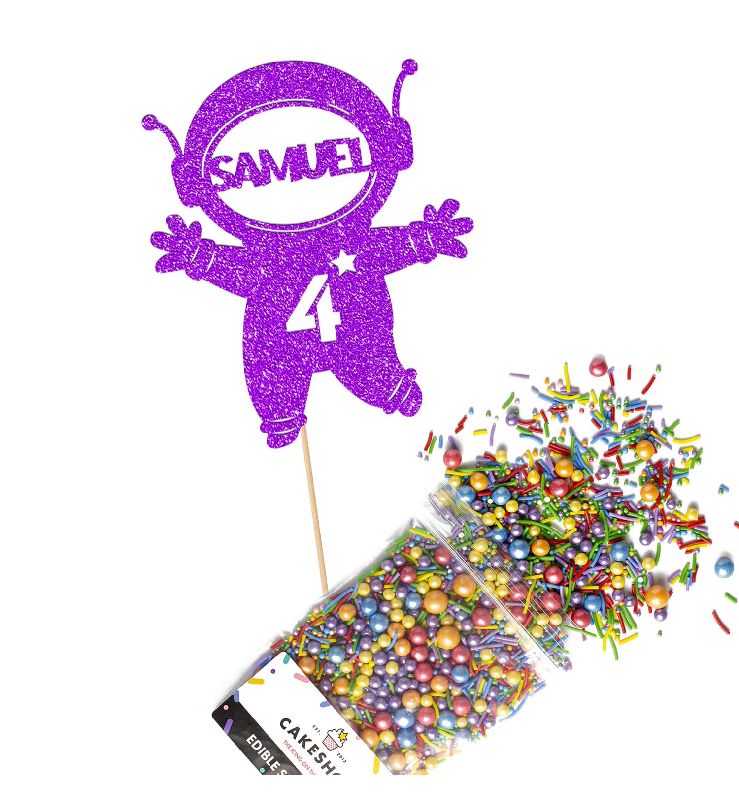 Cakeshop Cake Decoration Pack | Astronaut Spaceman Premium Double Sided Glitter Card Cake Topper Sign & 25g Party Pack of Cake Sugar Sprinkles | Custom Name & Age Cake Decoration (Purple) Non-Prime Glitter Card: Purple - Buy Online on GoSupps.com