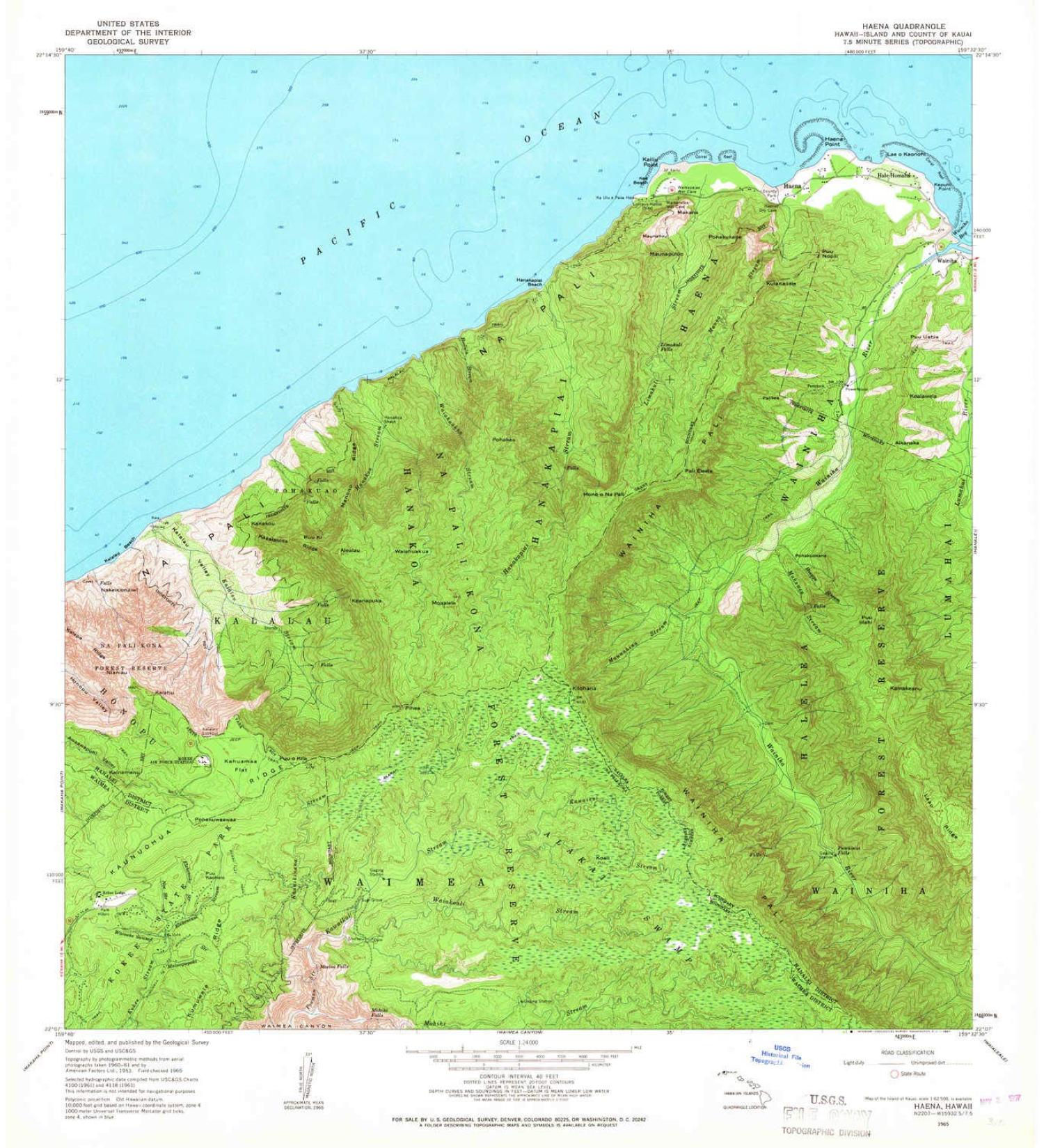 YellowMaps Haena HI topo map, 1:24000 Scale, 7.5 X 7.5 Minute, Historical, 1965, Updated 1967, 26.8 x 24.1 in Regular Paper