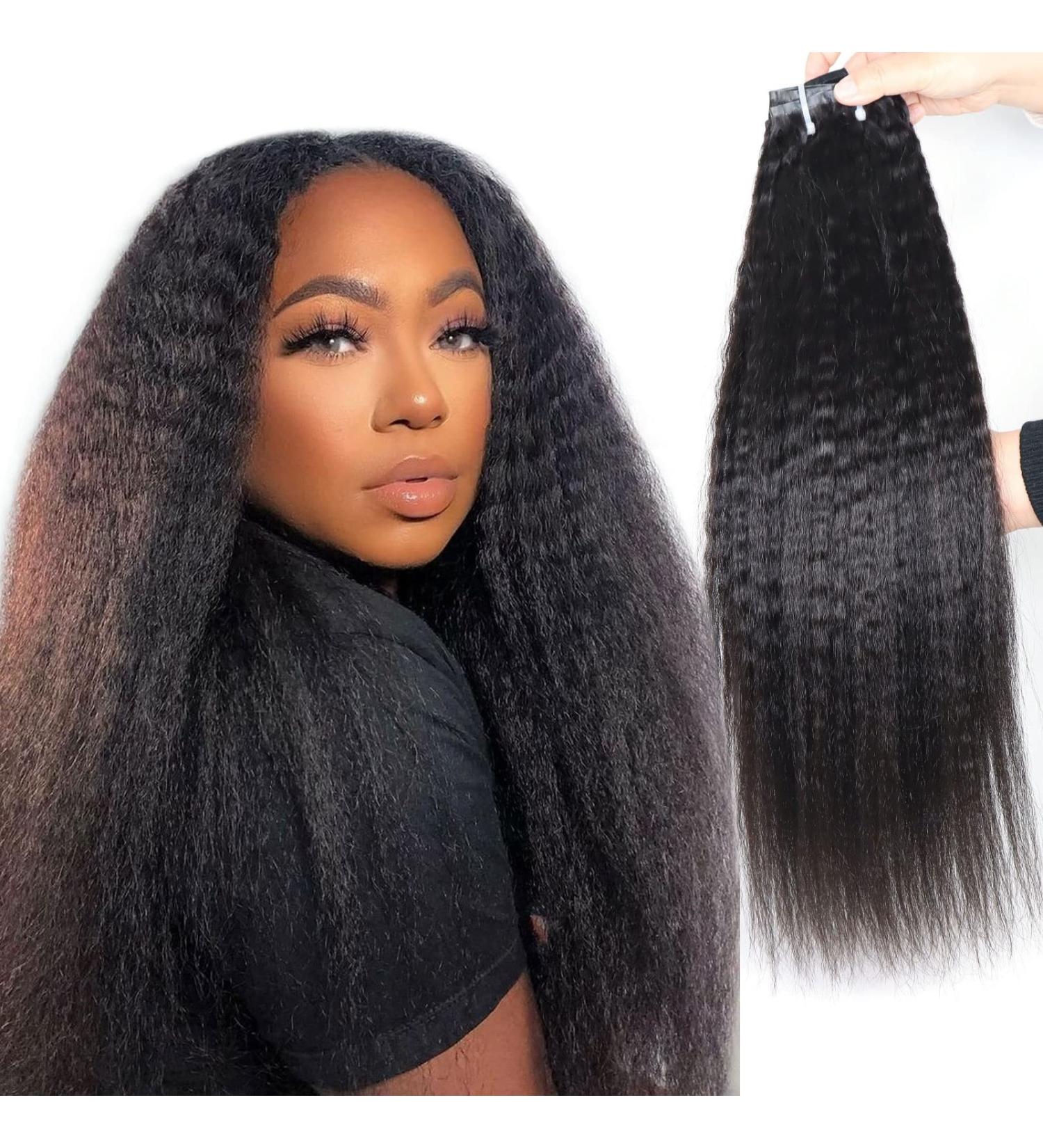 Happy&CC Kinky Straight Clip In Hair Extensions - 14 Inch Brazilian Remy Virgin Human Hair for Black Women - 7 Pcs 120g - Seamless Yaki Straight Style - Buy Online on GoSupps.com