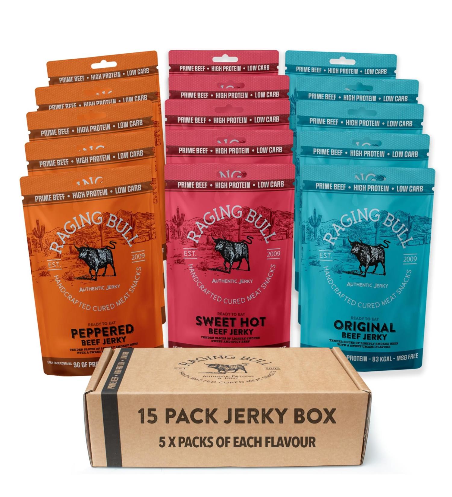 Raging Bull Jerky Variety Box - 15 Bags, 3 Authentic American Flavors | High Protein, No MSG, Deliciously Tender - Buy Online on GoSupps.com
