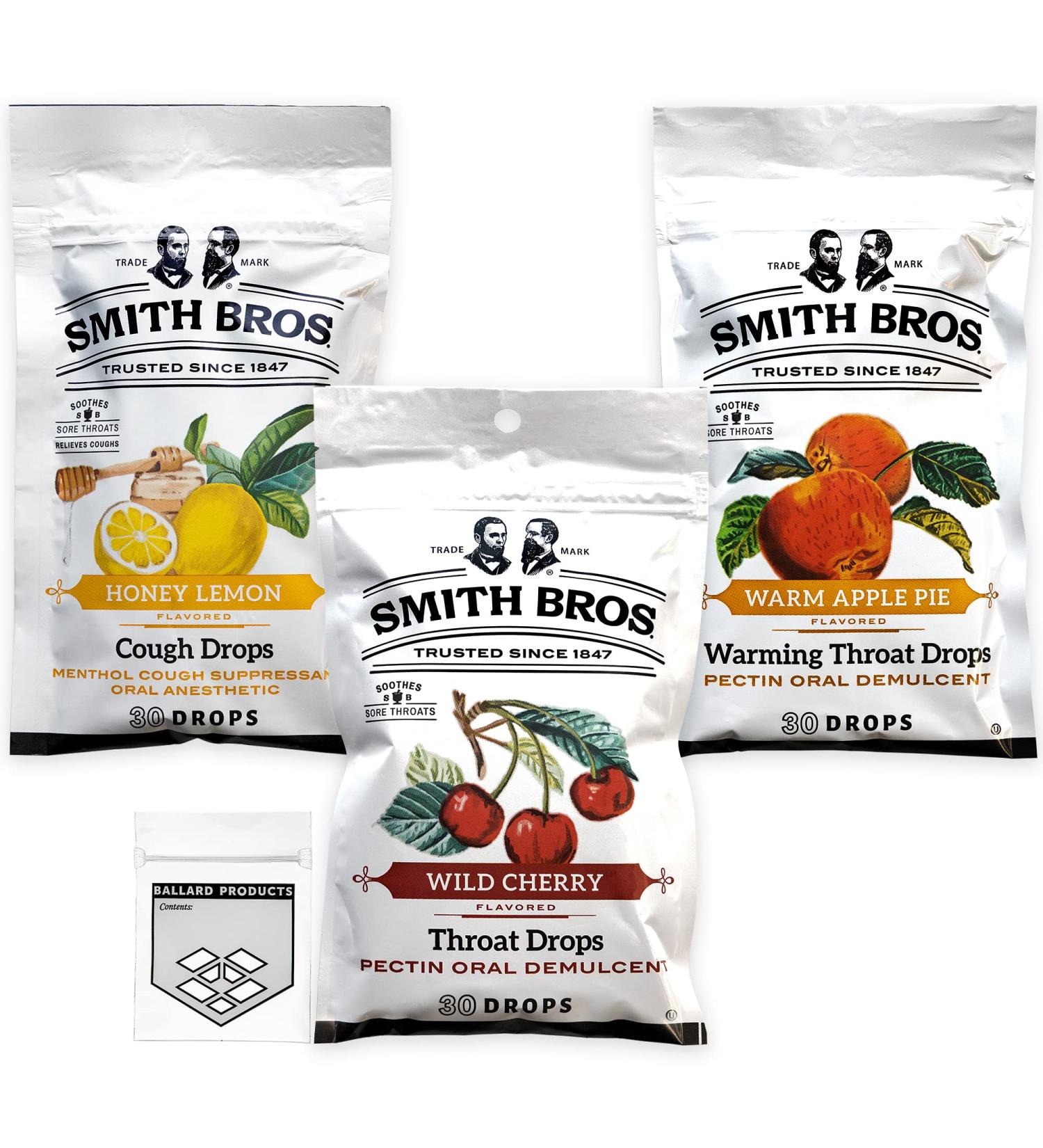 Ballard Products Smith Brothers Cough Drops Variety Pack - Warm Apple Pie, Wild Cherry, Honey Lemon - 3 Bags, 1 of Each Flavor - Bundle with Pocket Bag - Buy Online on GoSupps.com