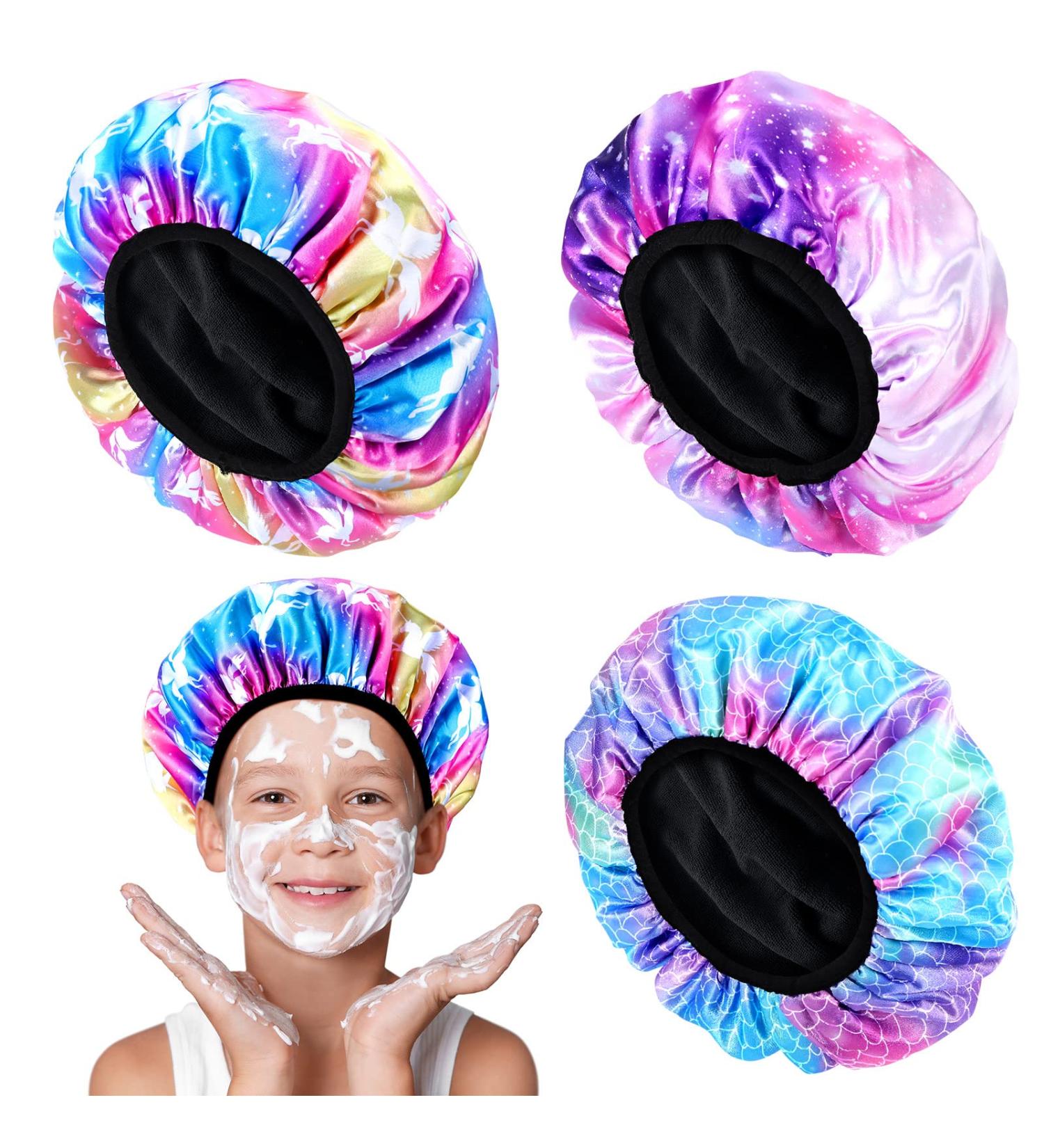 Dreamy Kids Terry Lined Shower Cap Triple Layer Funny Waterproof Hat for Boys and Girls