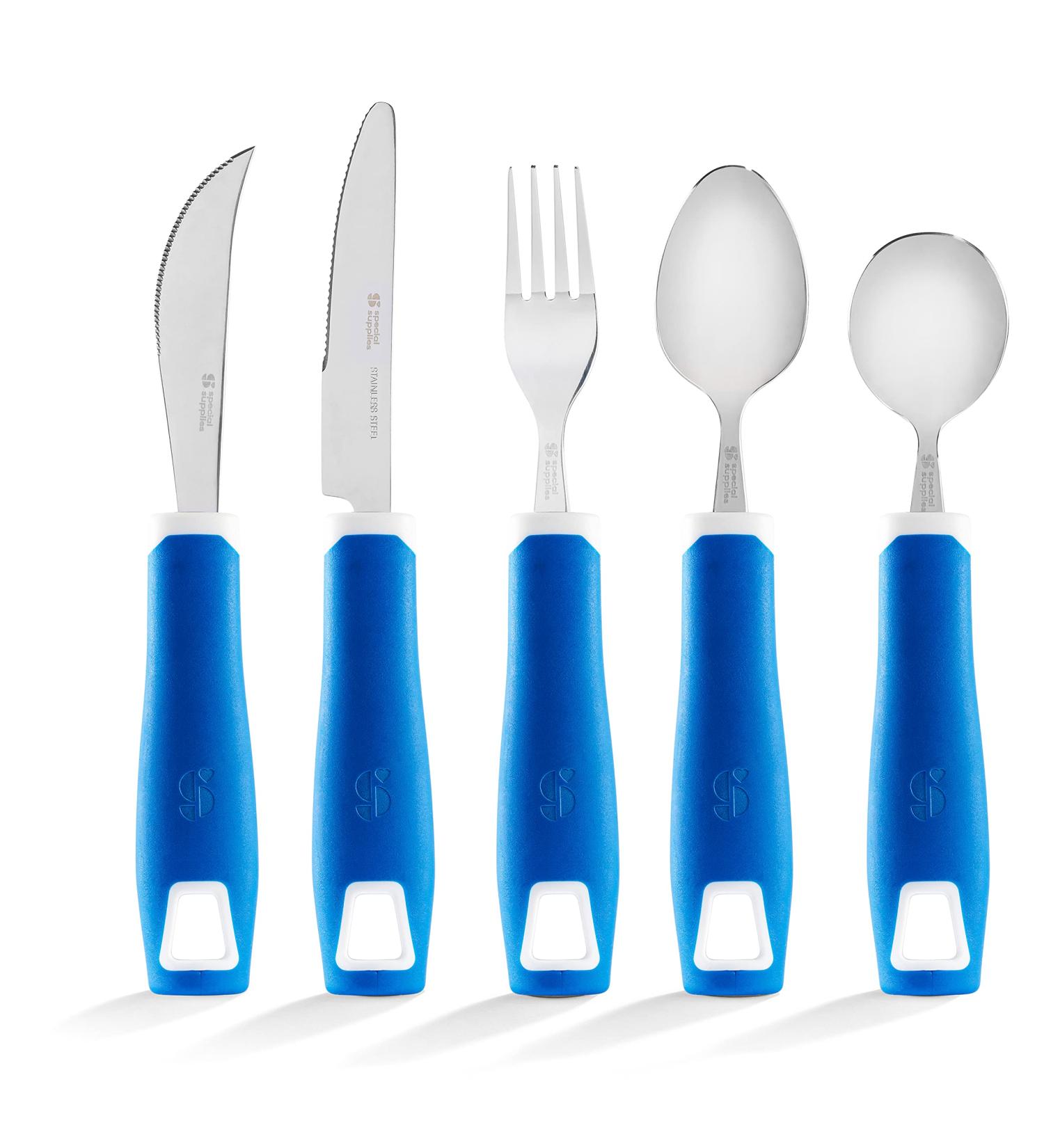 Special Supplies Adaptive Utensils Set - Non-Weighted, Non-Slip Handles for Hand Tremors, Arthritis, Parkinson's or Elderly Use - Stainless Steel Cutlery Set - Blue - Buy Online on GoSupps.com