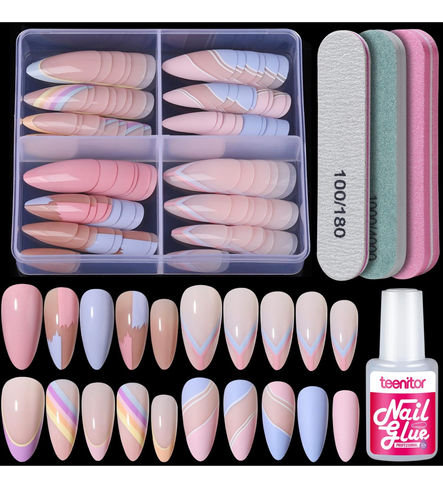 Teenitor Almond Press on Nails Set - 4 Styles, Medium Length, Matte Finish, Full Cover Acrylic False Nails with Glue and File - for Women and Girls - Buy Online on GoSupps.com