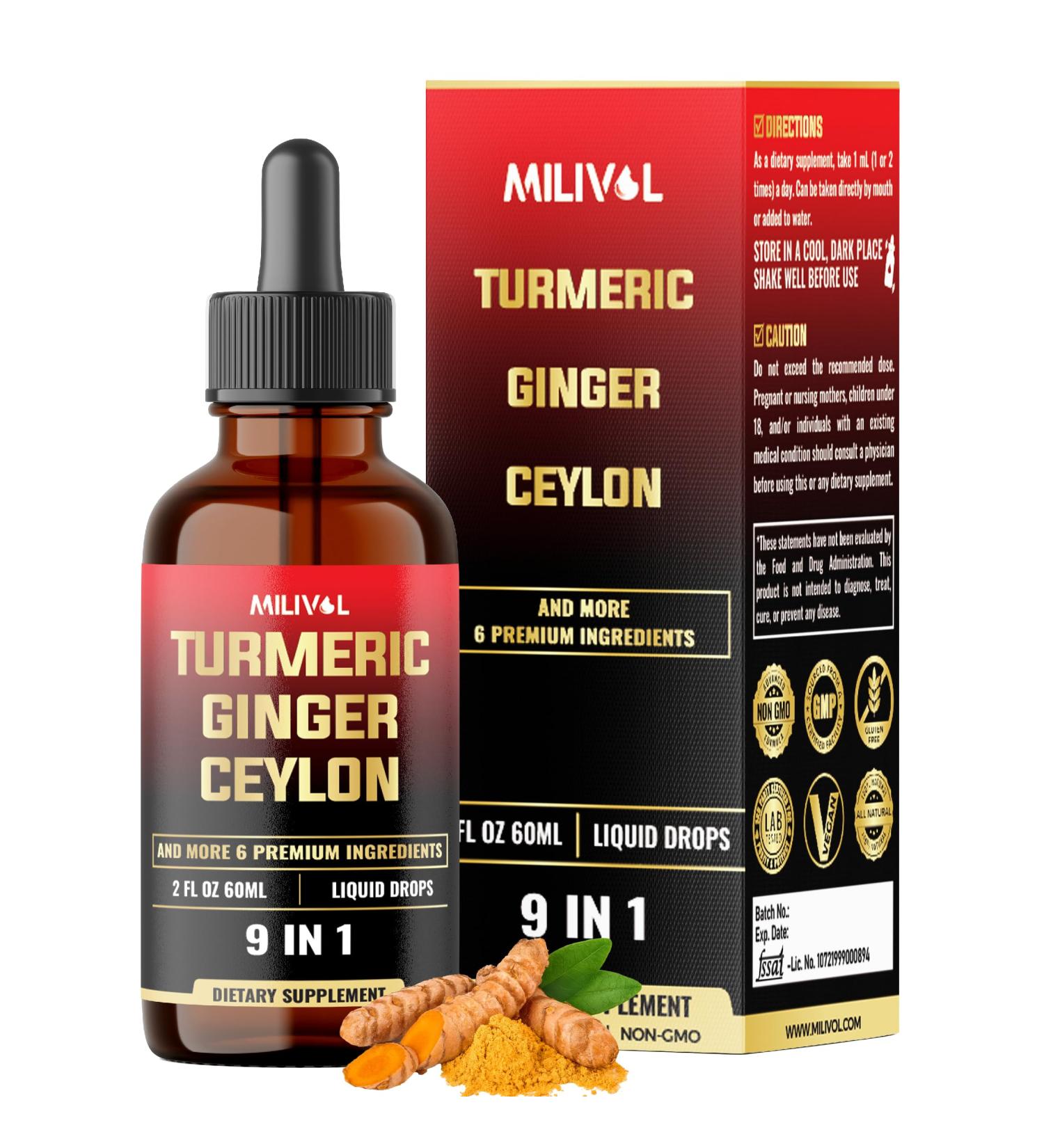 MILIVOL 9in1 Liquid Turmeric Curcumin with Ginger, Berberine, Ceylon, Garlic, Black Pepper for Joint Support - 2FL Oz - 60 Servings - Buy Online on GoSupps.com