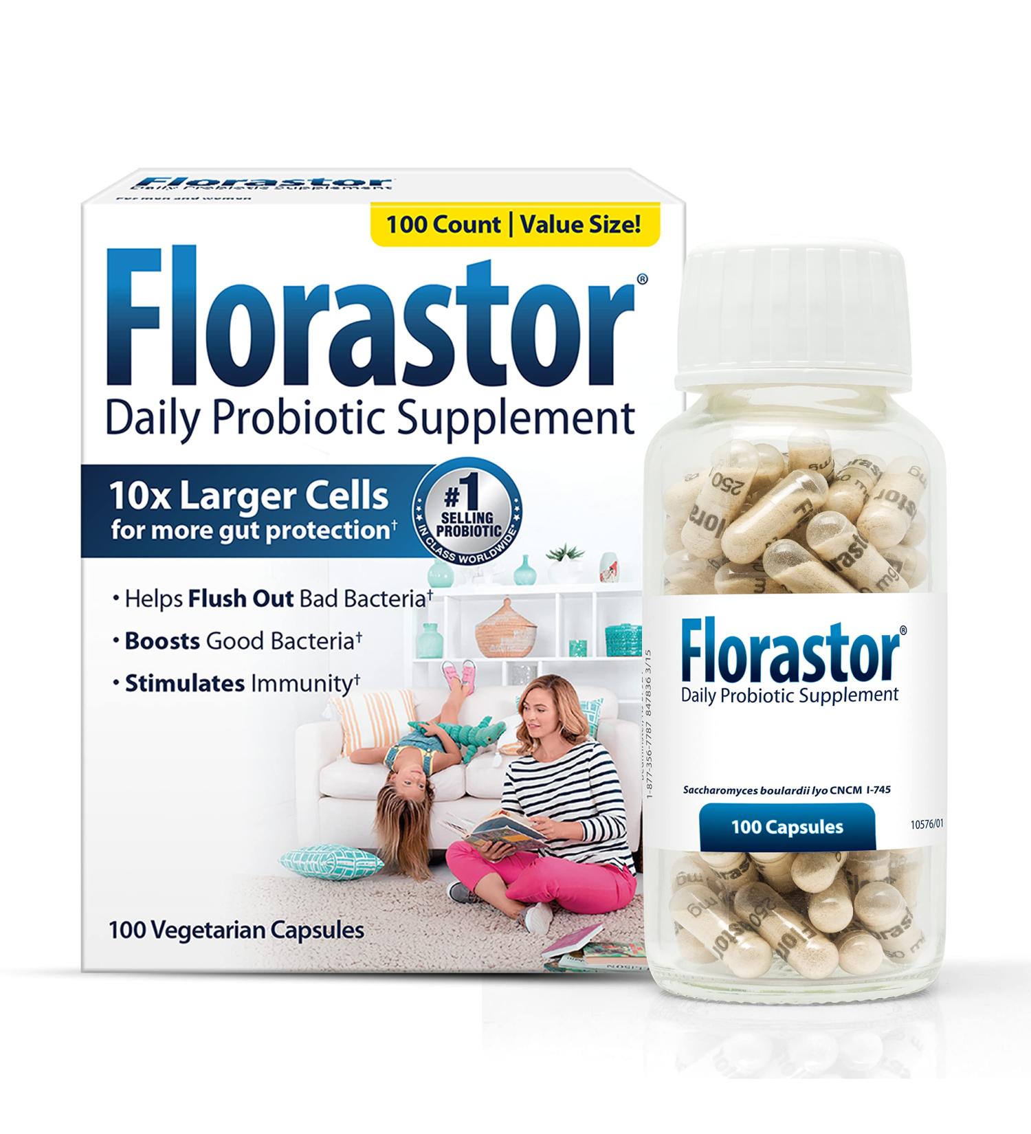 Florastor Daily Probiotic Supplement for Women and Men | Supports Digestive Health | Saccharomyces Boulardii CNCM I-745 | 100 Capsules - Buy Online on GoSupps.com