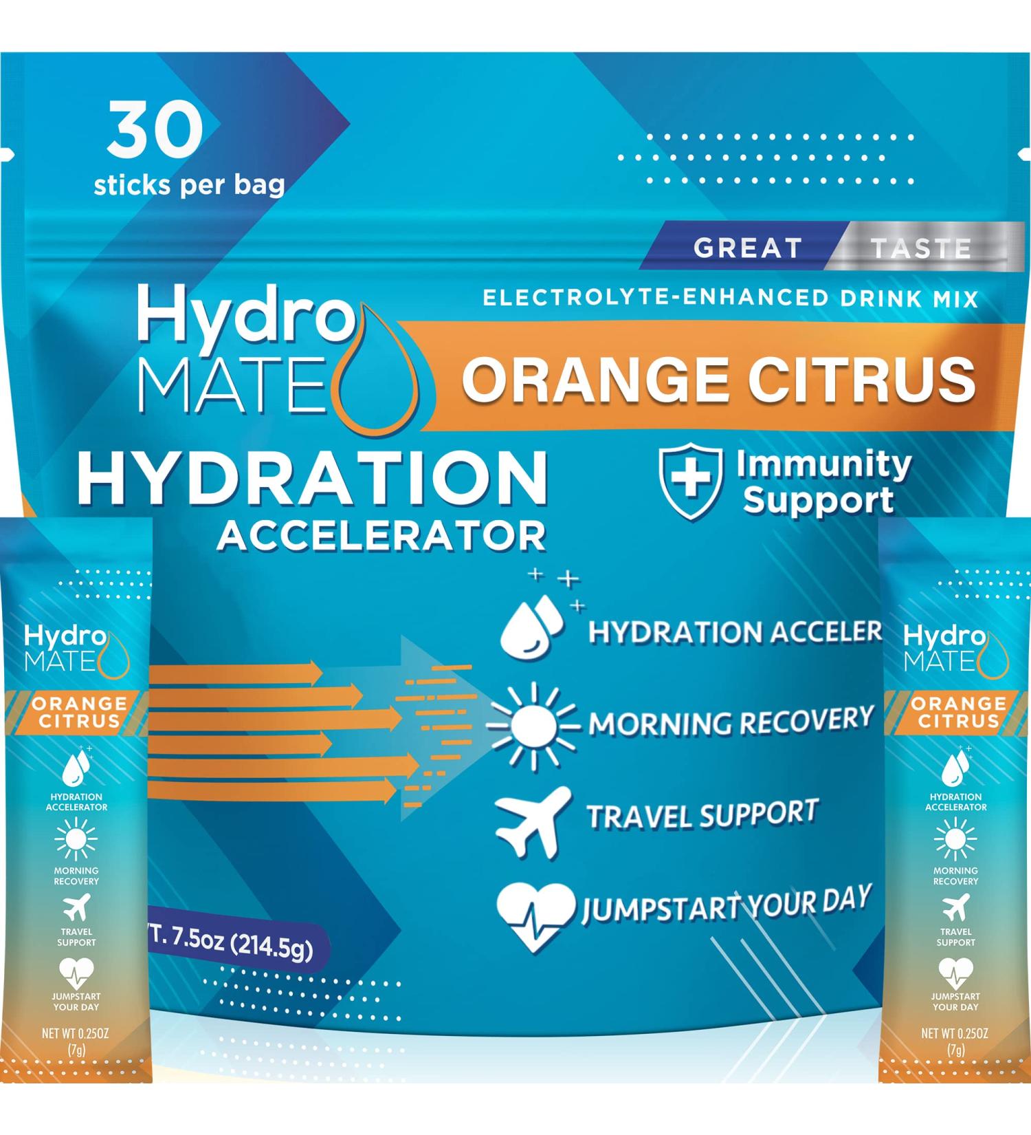 HydroMATE Electrolyte Powder Drink Mix Packets - 30 Count Pack of 1, Low Sugar Hangover Recovery & Hydration Accelerator with Vitamin C - Orange Flavor - Buy Online on GoSupps.com