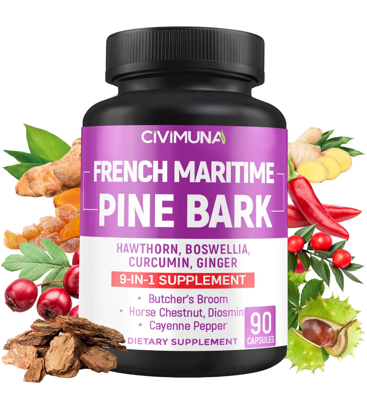 CIVIMUNA French Maritime Pine Bark Capsules with French Maritime Pine Bark Hawthorn Bosweillia and More - 90 Capsules for 3 Months Supply - Buy Online on GoSupps.com