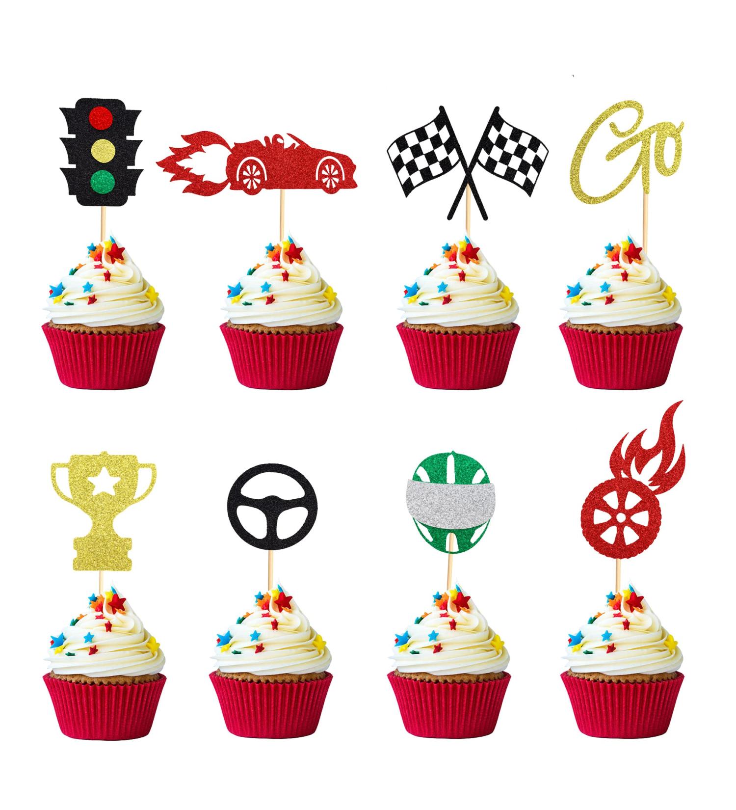 Arthsdite 24 PCS Race Car Cupcake Toppers Traffic Light Steering Wheel Trophy Flag Helmet Racing Car Cupcake Picks for Let's Go Racing Sports Theme Baby Shower Boys Birthday Party Cake Decorations Colorful - Buy Online on GoSupps.com
