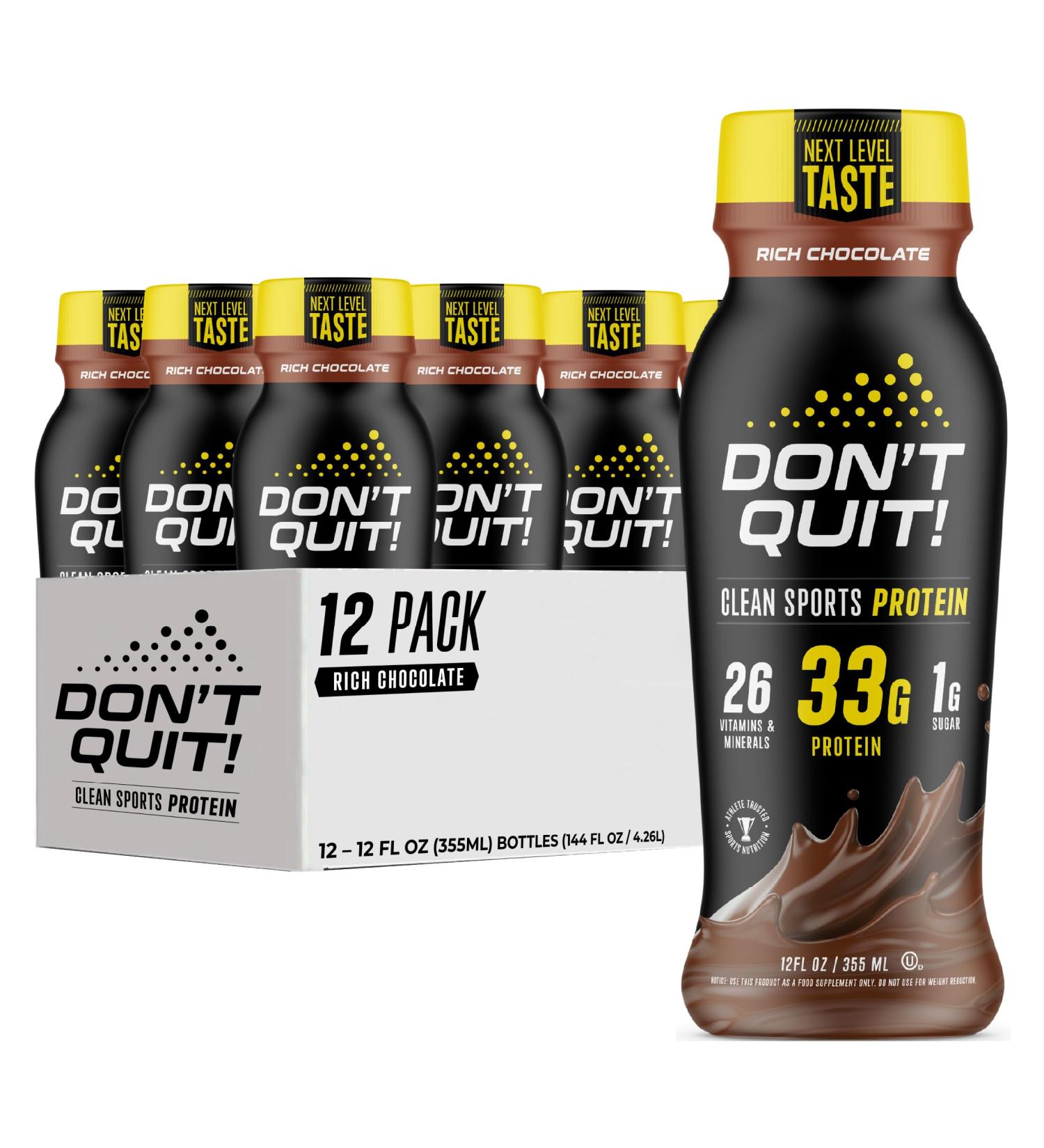 DON T QUIT Clean Sports Protein Shake | 33g Protein 26 Vitamins & Minerals Low Sugar - Rich Chocolate 12 Pack - No Artificial Ingredients for Optimal Performance - Buy Online on GoSupps.com