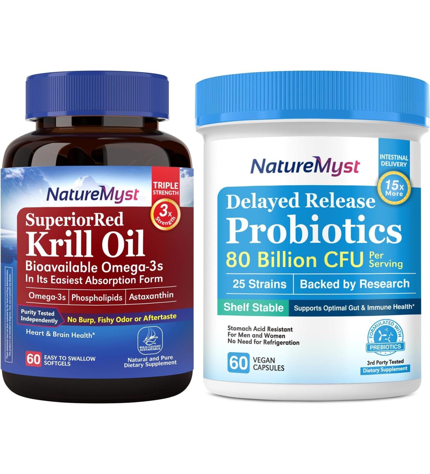 Krill Oil 1000mg and Probiotics Bundle Omega 3s with DHA EPA & Astaxanthin Plus 80 Billion CFU 25 Strains Gut Heart & Immune Function Non-GMO Made in USA 60 Softgels + 60 Capsules - Buy Online on GoSupps.com