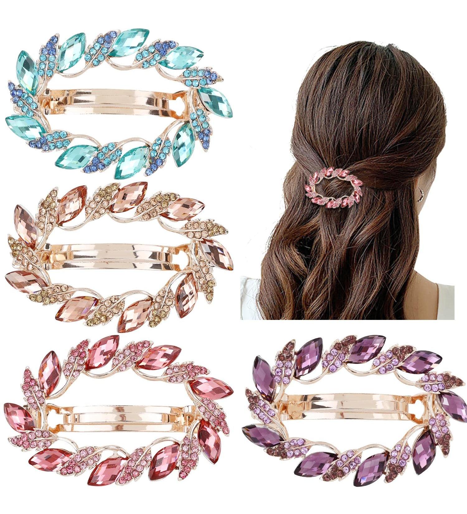 inSowni 4 Pack Gold Glitter Sparkly Jeweled Gems Leaf Metal French Barrettes - Hair Clips for Women Girls - Buy Online on GoSupps.com