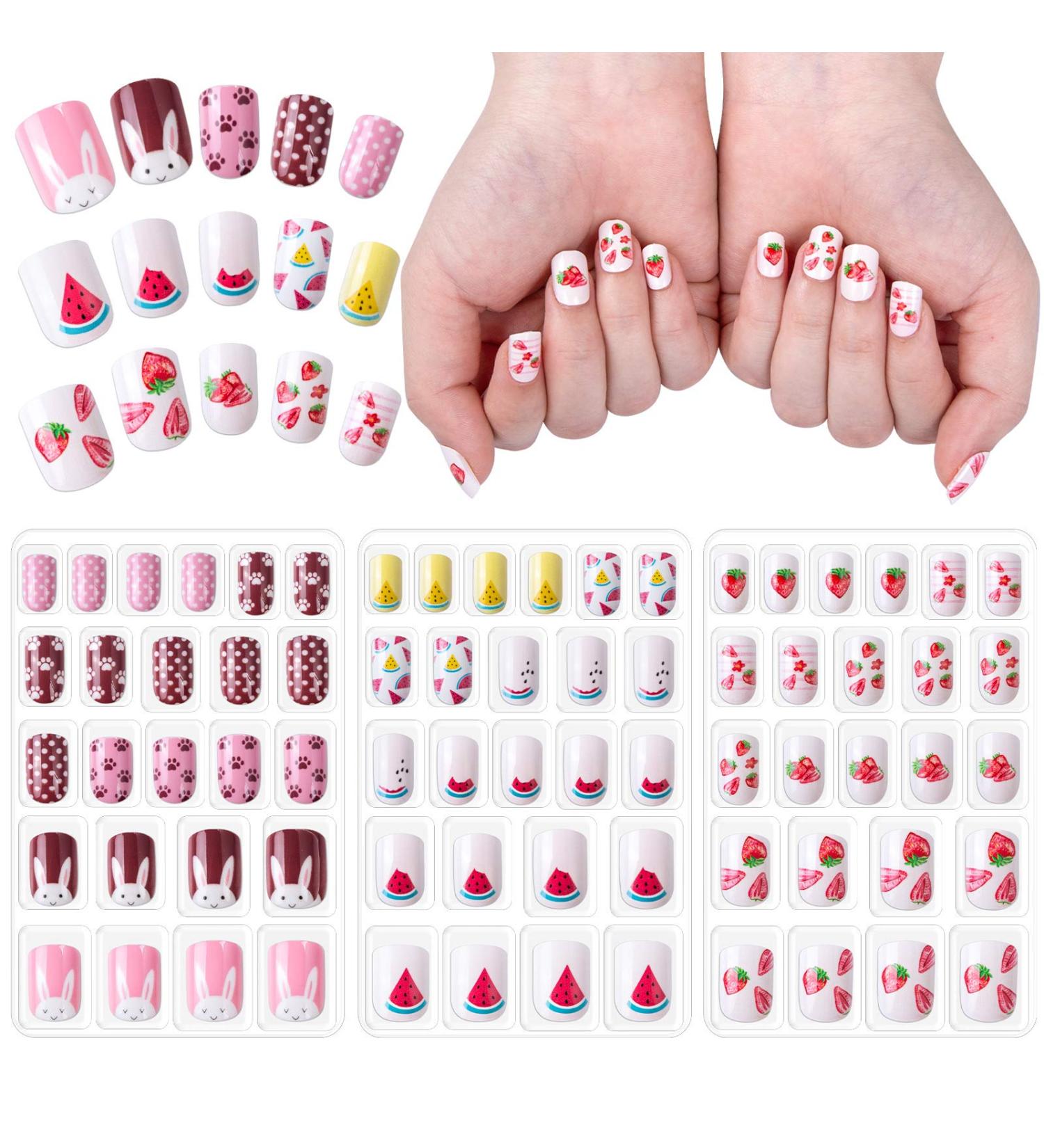 72 Self-Adhesive False Fingernails for Kids - Cute Strawberry Watermelon & Rabbit Designs - Perfect for Girls & Teens - Buy Online on GoSupps.com