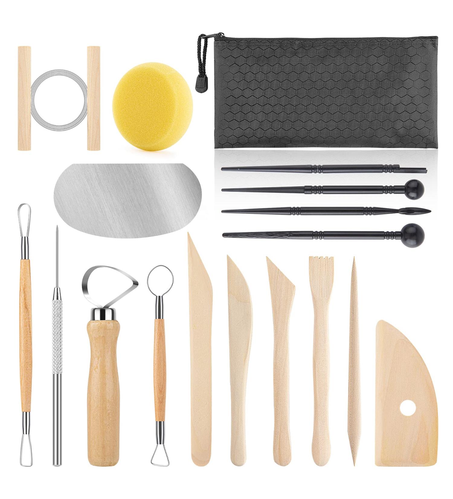 18pcs Pottery Tool Kit for Polymer Clay Sculpting and Ceramics Trimming - Wooden Handle Sculpting Tools with Embossing Patterns - Buy Online on GoSupps.com