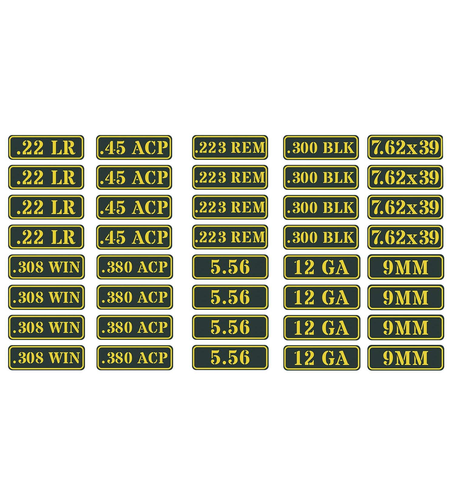 Aolamegs Ammo Can Vinyl Sticker Set - 40 Pack, 10 Varieties - 9MM, 5.56, 7.62, 12GA, .22, .223, .308, .300, .380, .45 - Buy Online on GoSupps.com