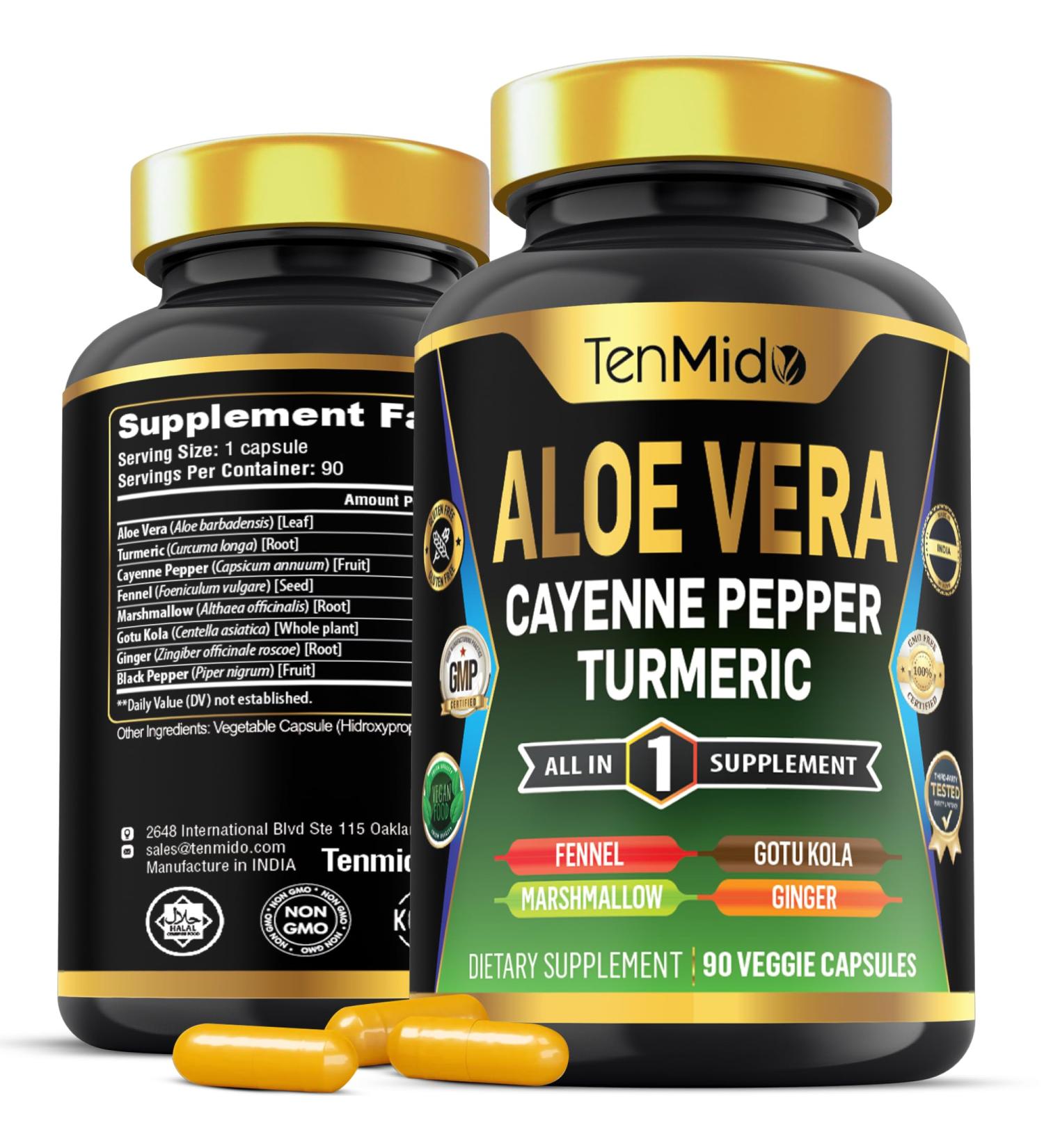 Tenmido Aloe Vera Capsules Supplement - 8in1 Formula - Combine with Turmeric Cayenne Pepper Marshmallow Fennel Gotu Kola Ginger and Black Pepper - 90 Capsules for 3 Months Supply - Buy Online on GoSupps.com
