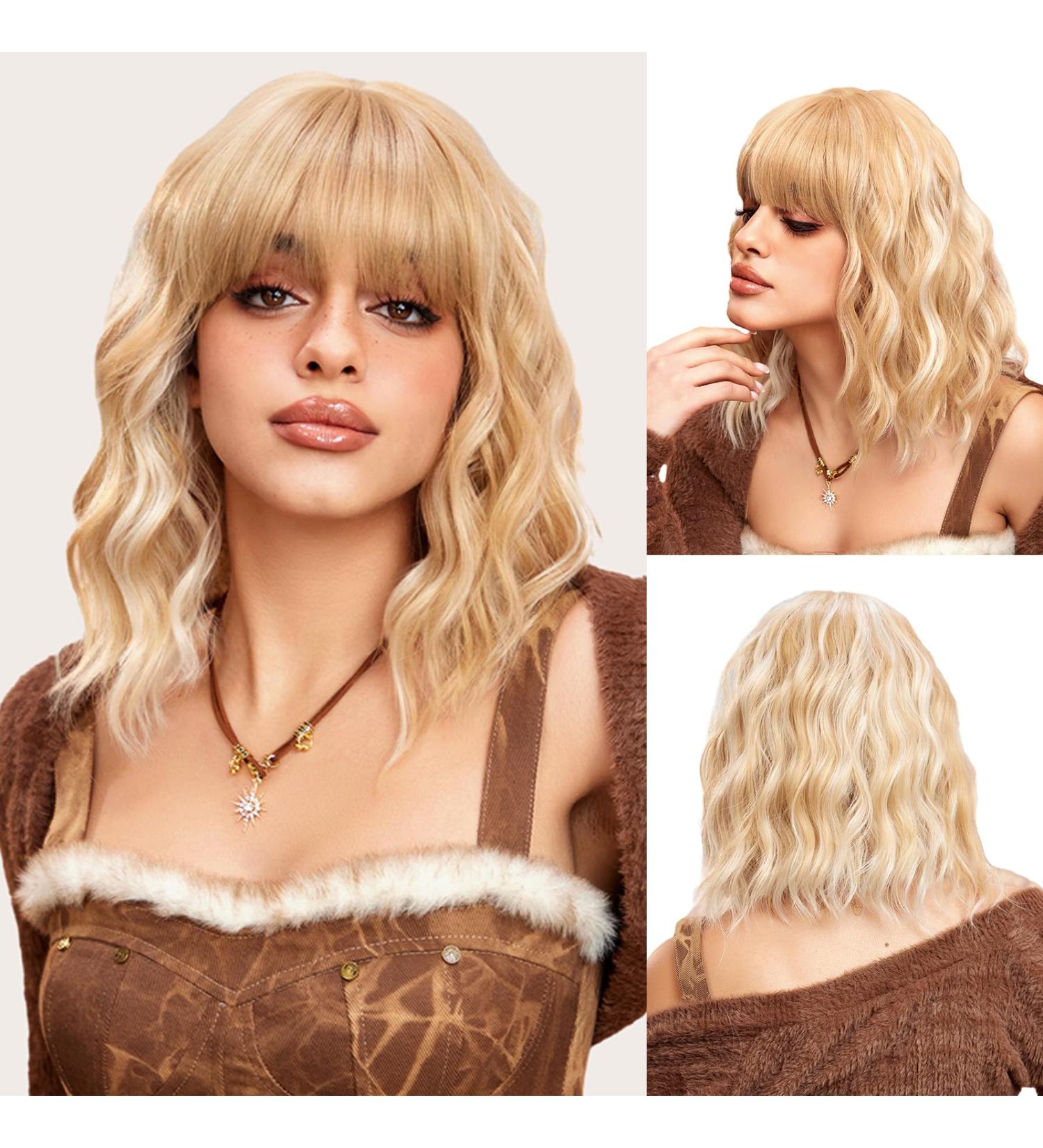 OUFEI Mixed Blonde Wigs for Women Short Wavy Wig With Bangs Natural Synthetic Hair Heat Resistant Wigs for Daily Party Cosplay Wear - Buy Online on GoSupps.com